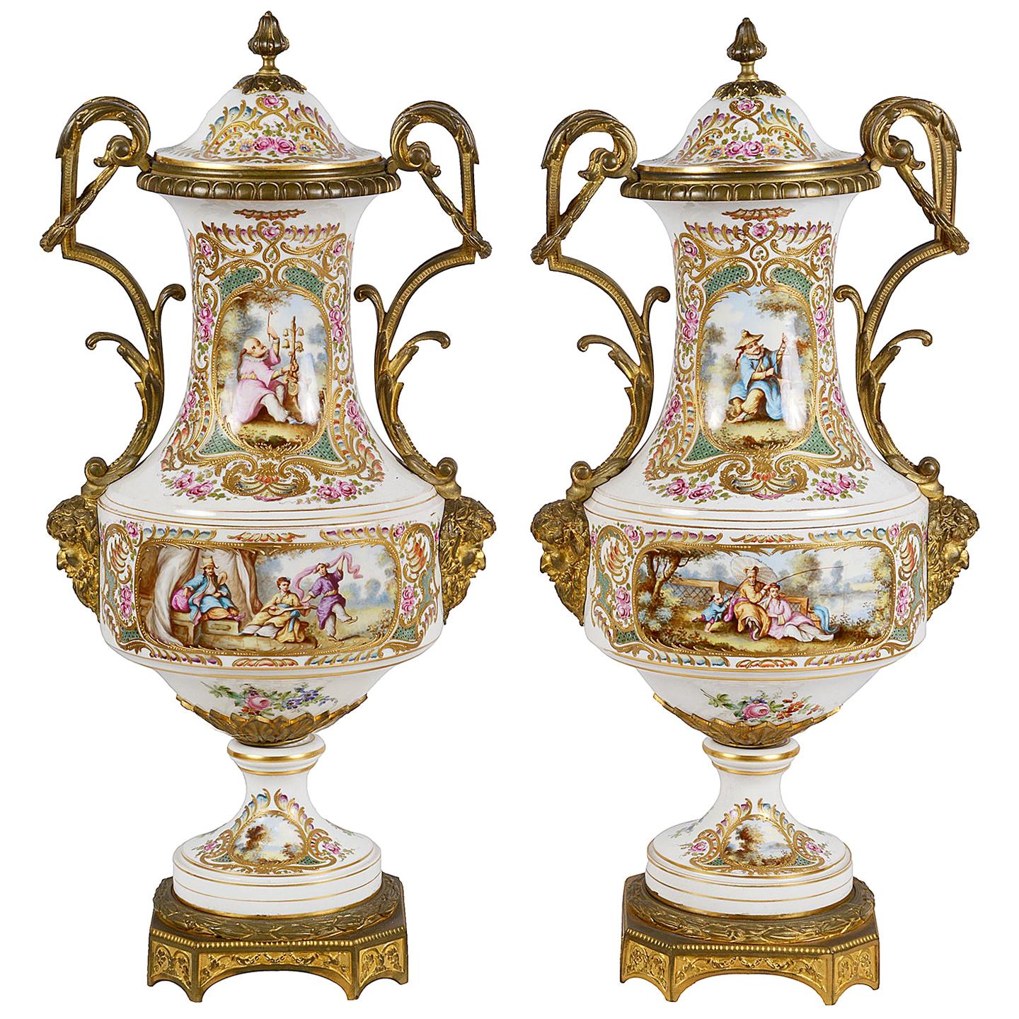 Pair of French Sevres Style Porcelain Lidded Vases, 19th Century For Sale