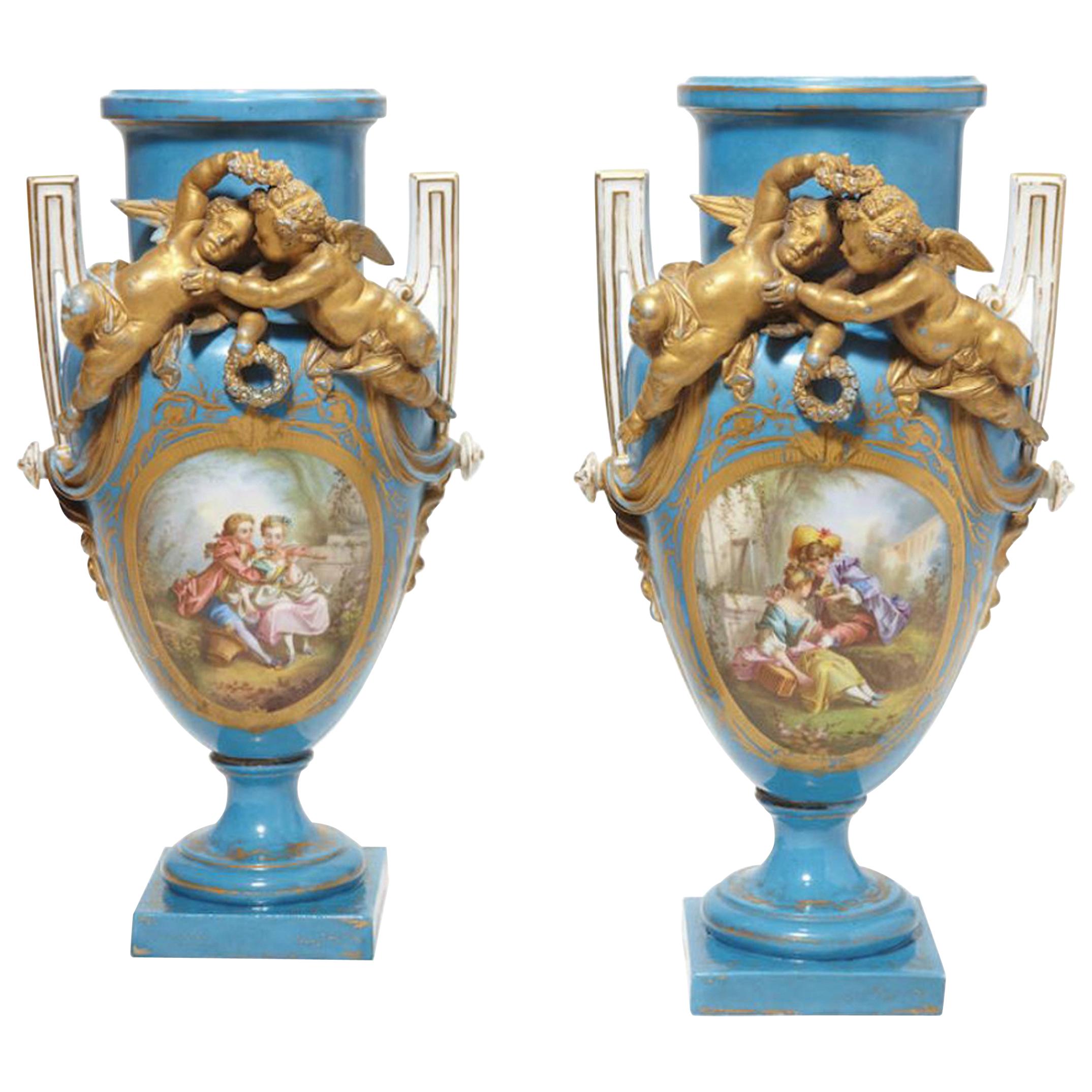 Pair of French Sèvres Style Porcelain Vases, 19th Century