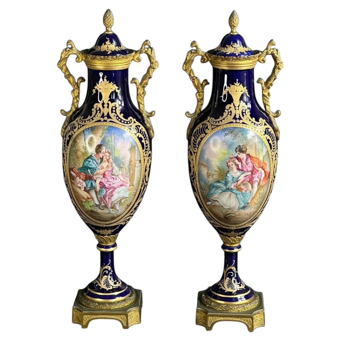 Pair of French Sèvres-Style Porcelain Vases with Gilt Bronze Mounts