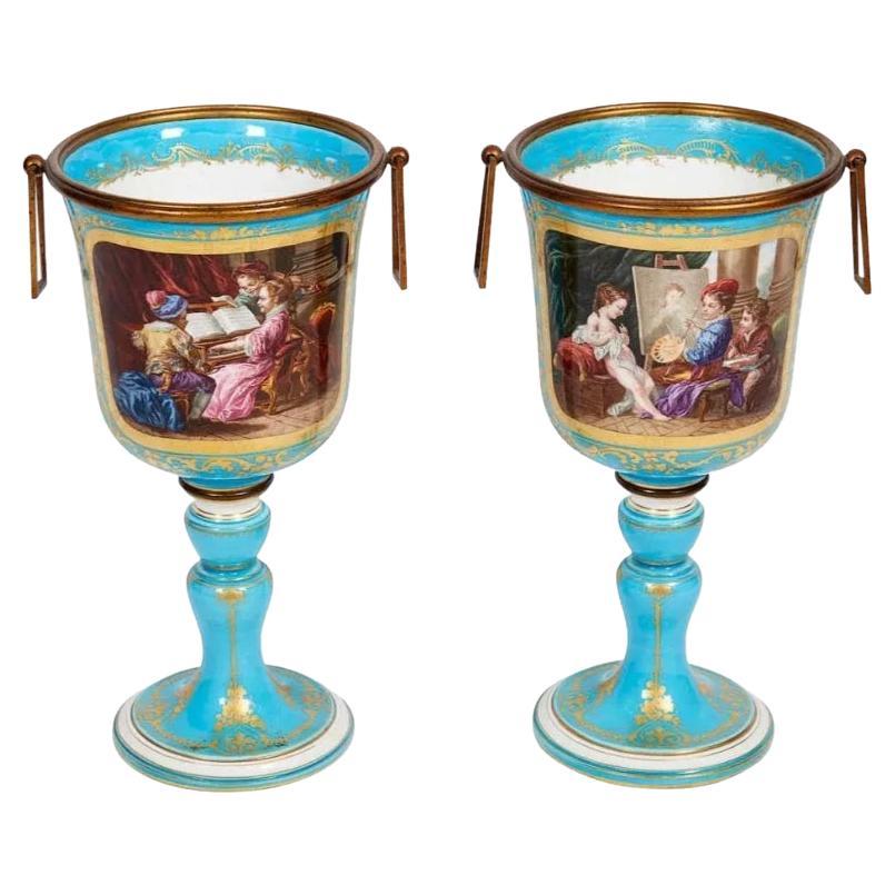 Pair of French Sevres Style Turquoise Porcelain Cups or Vases