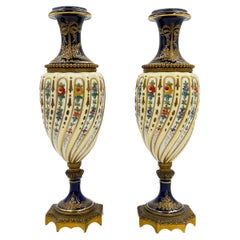 Pair of French Sevres Style Twisted Body Porcelain & Gilt Bronze Vases