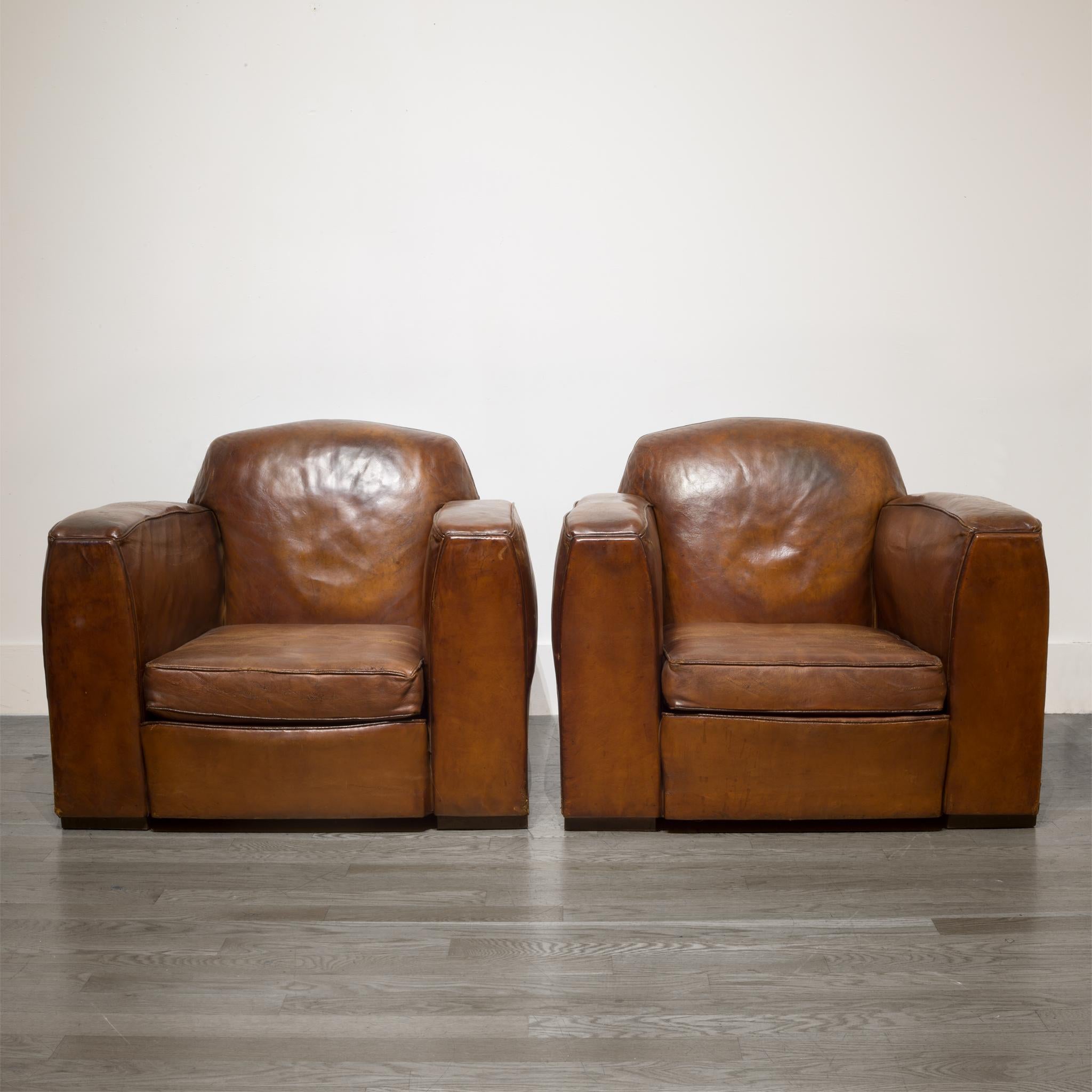 Pair of French Sheepskin Leather Club Chairs, circa 1920s In Good Condition In San Francisco, CA