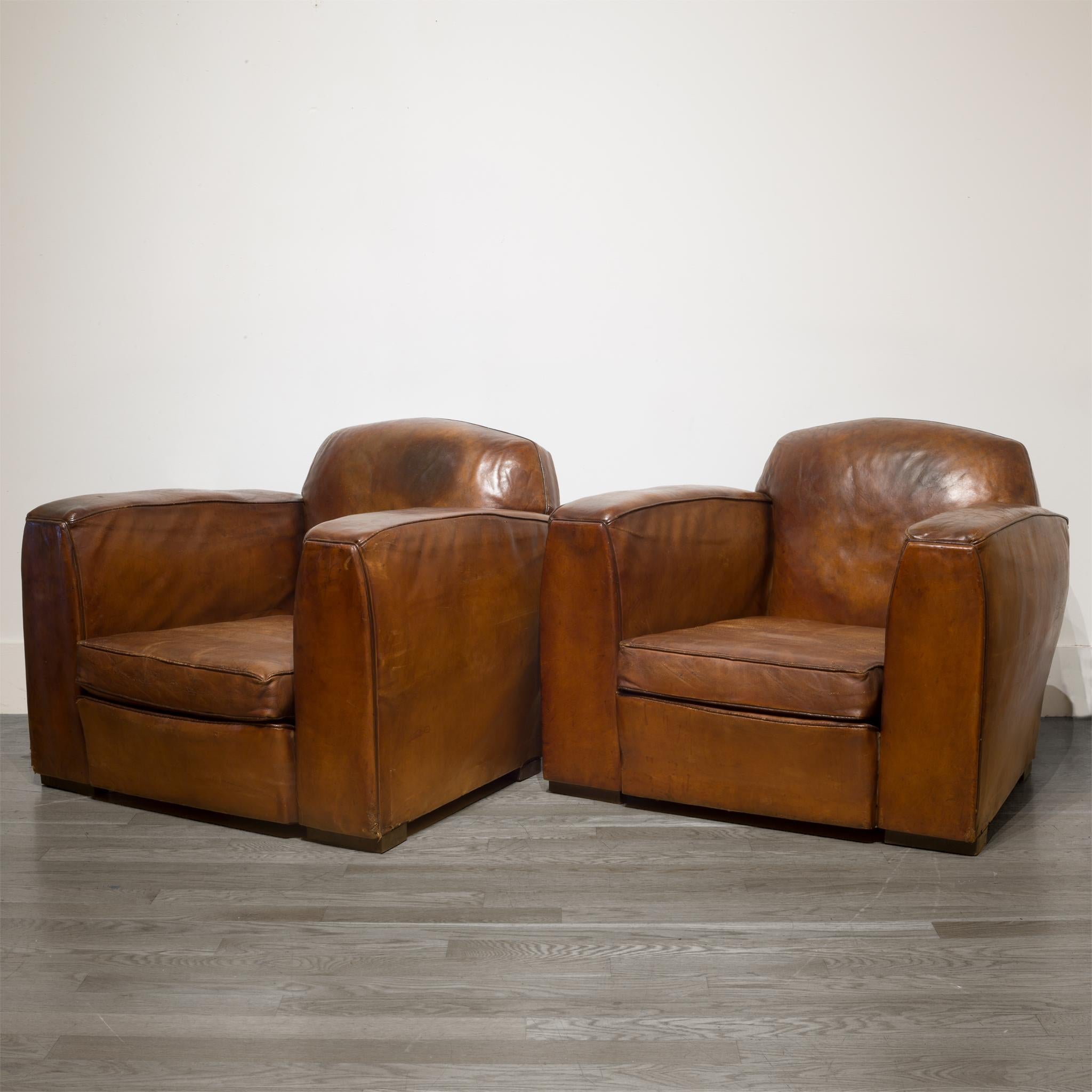 20th Century Pair of French Sheepskin Leather Club Chairs, circa 1920s