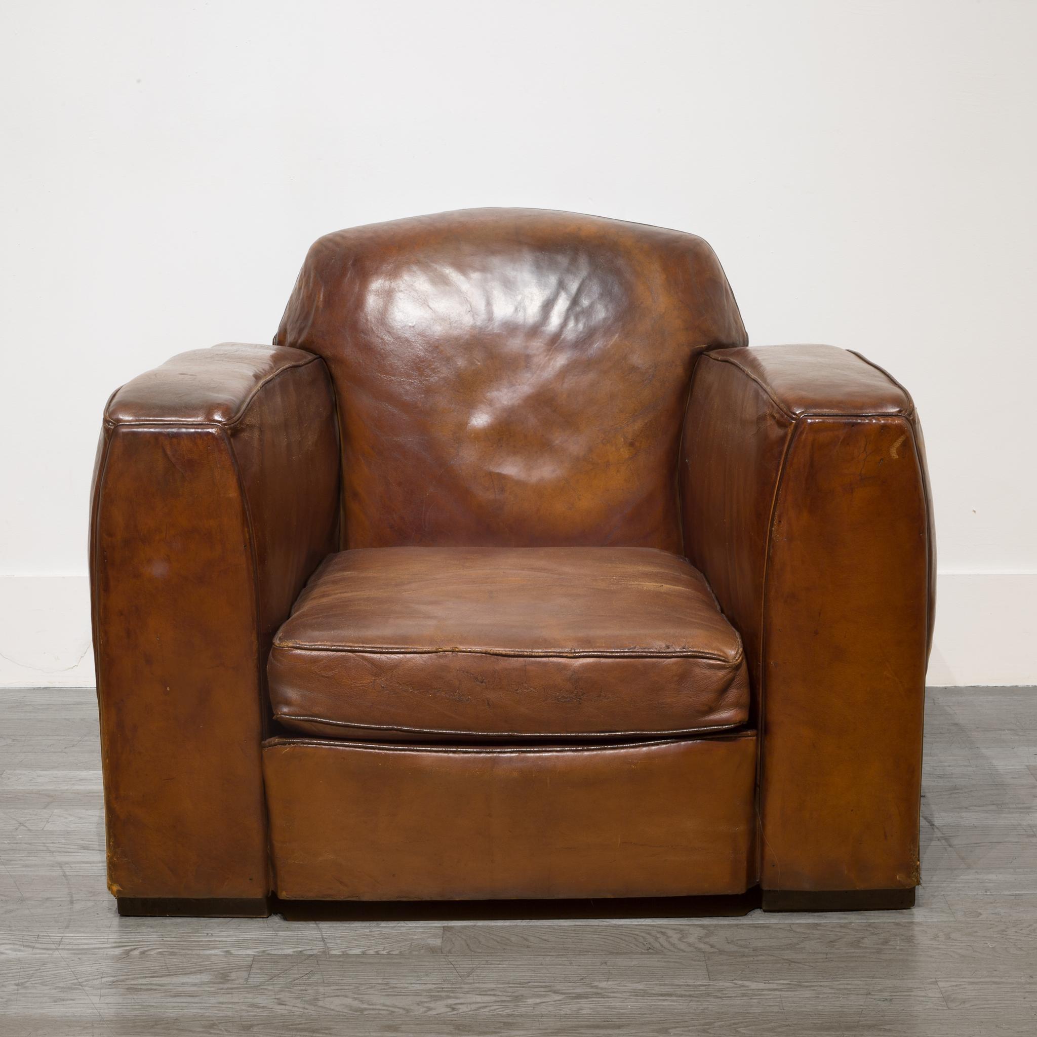 Pair of French Sheepskin Leather Club Chairs, circa 1920s 1
