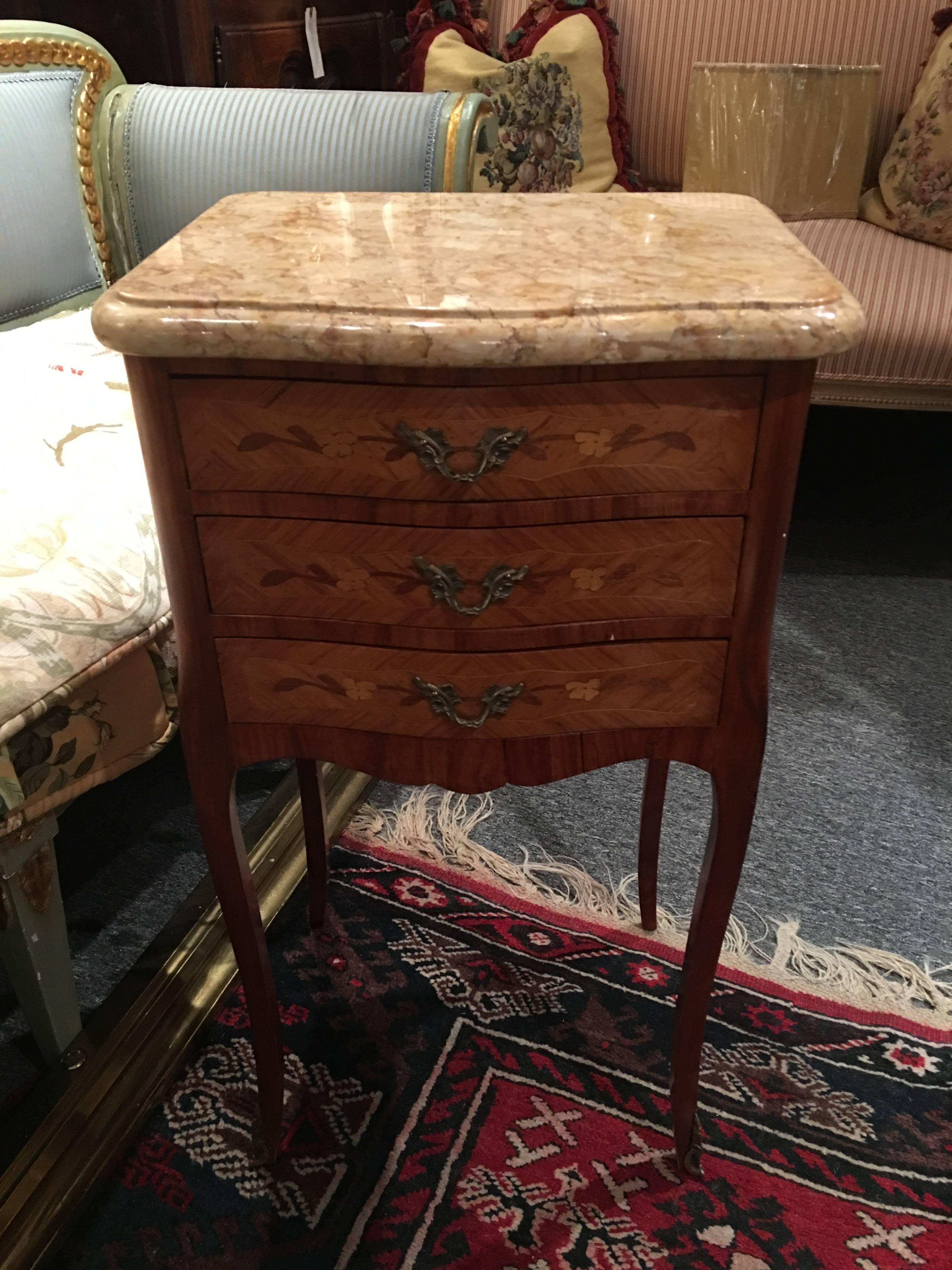 Pair of French side tables or nightstands with marble top and marquetry, 19th century.