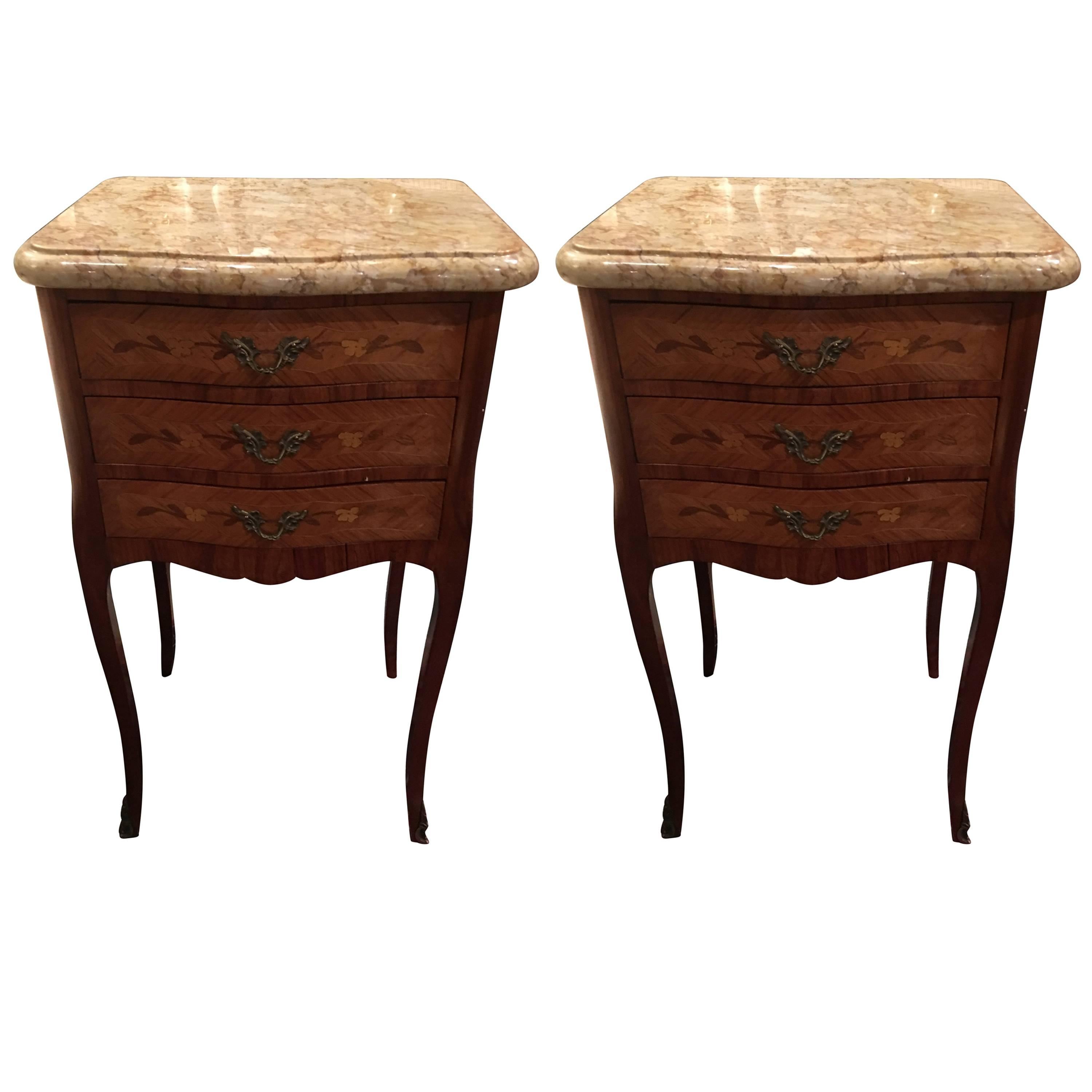 Pair of French Side Tables or Nightstands with Marble Tops, 19th Century