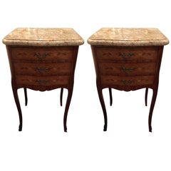 Antique Pair of French Side Tables or Nightstands with Marble Tops, 19th Century