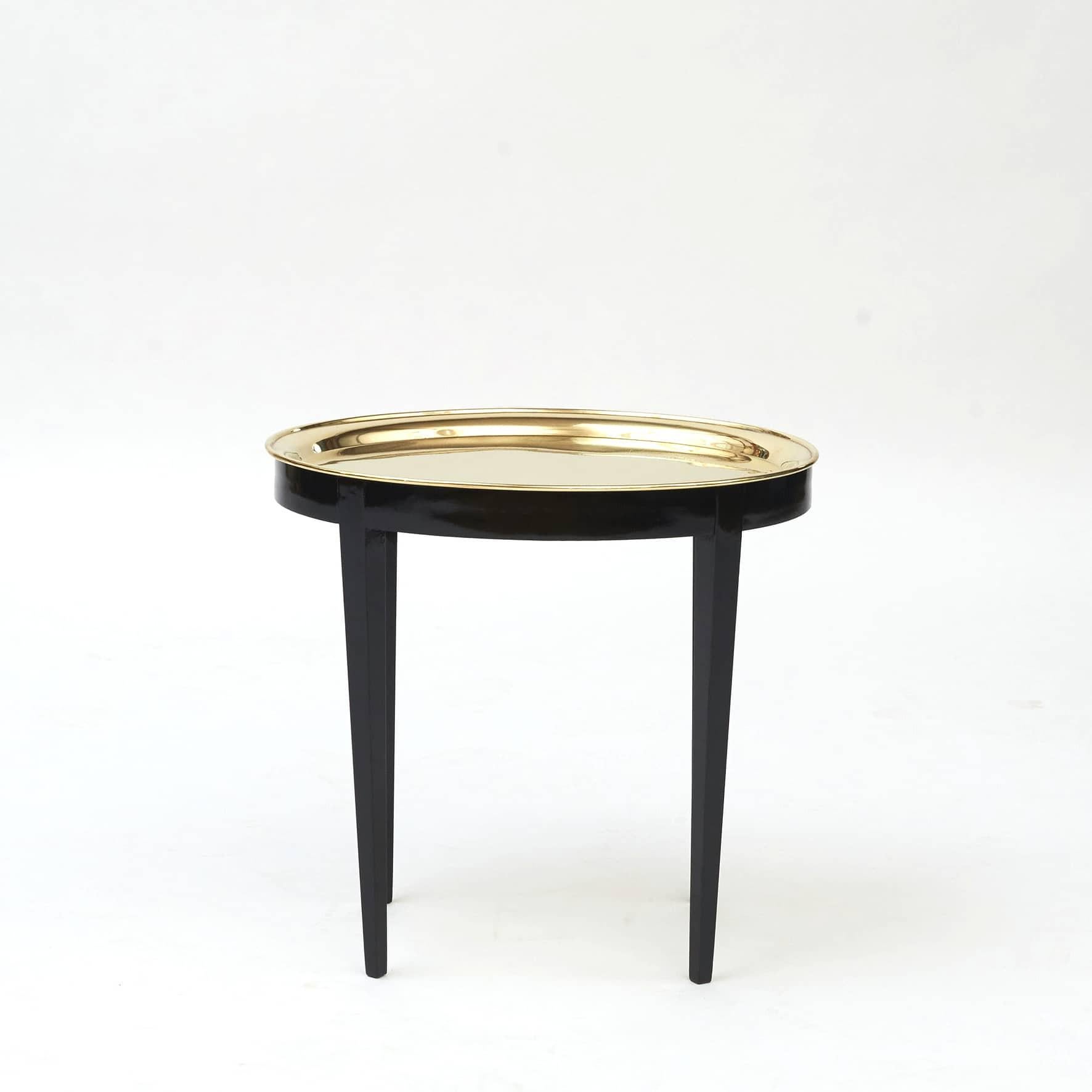 Pair of French side tables.
Each with oval brass tray on black lacquered wooden stand.

France approx. 1950-1955.