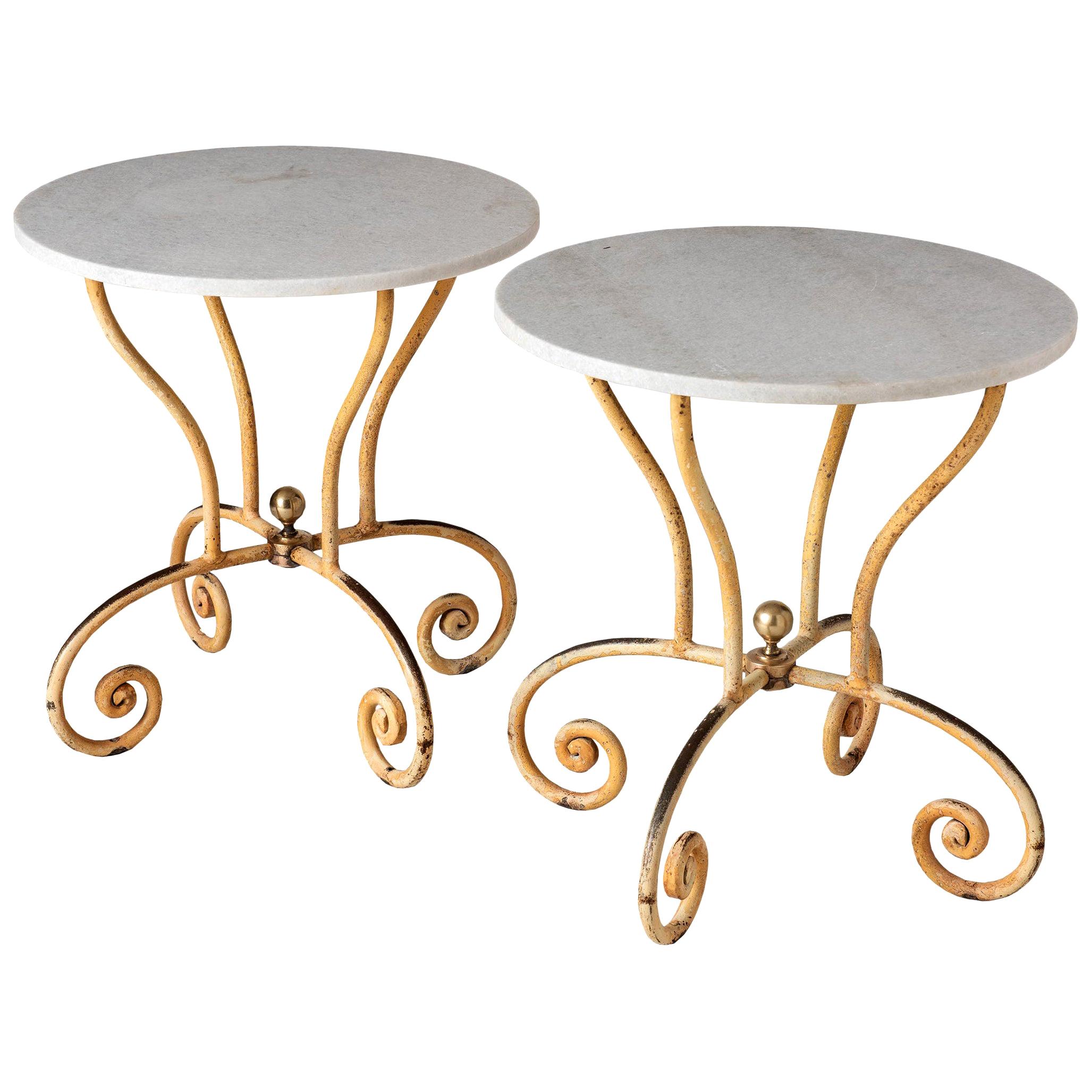 Pair of French Side Tables with Round White Marble Tops and Iron Bases For Sale