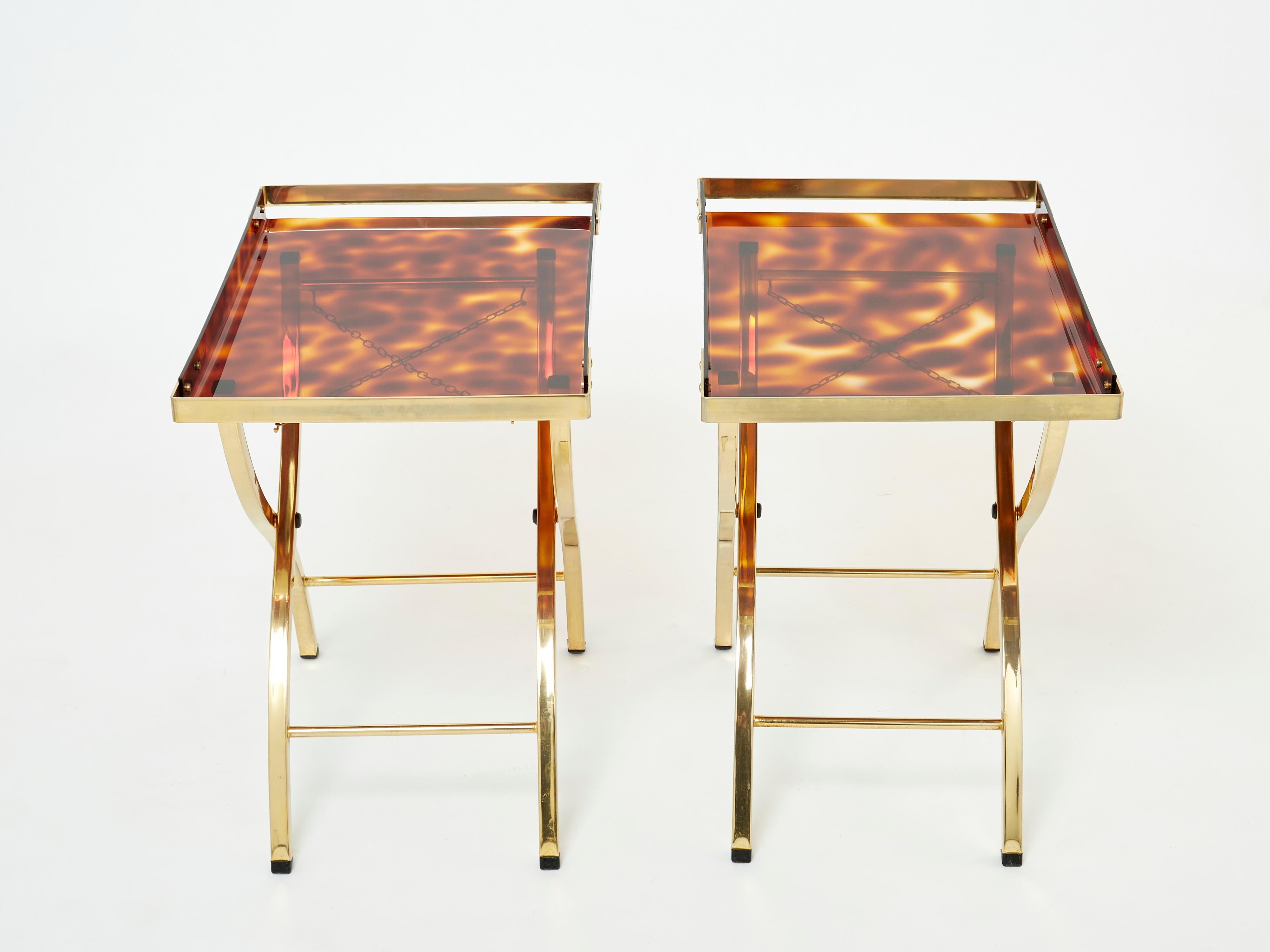 Late 20th Century Pair of French Side Tray Tables Faux Tortoise Brass Maison Mercier 1970s For Sale
