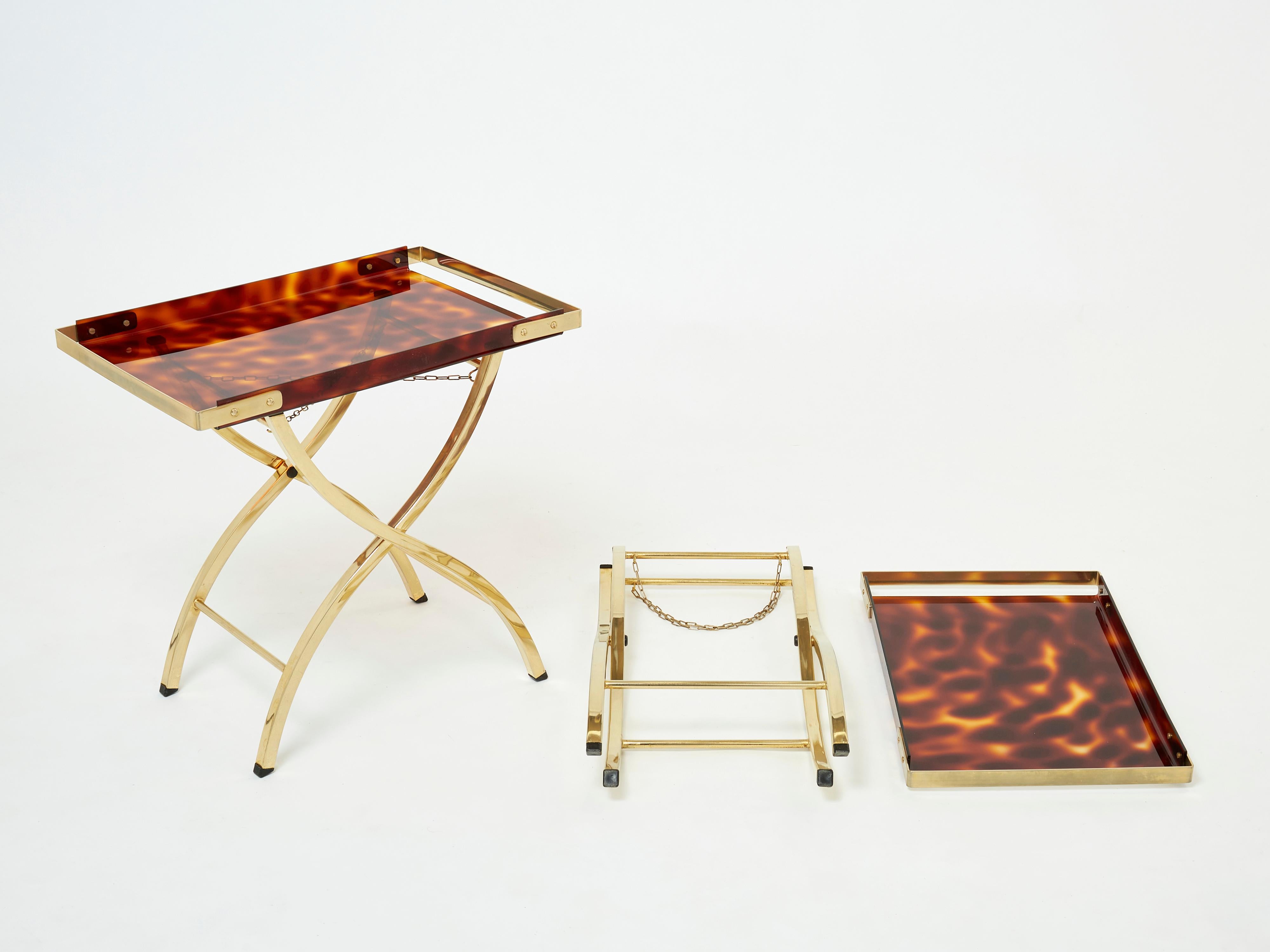 Pair of French Side Tray Tables Faux Tortoise Brass Maison Mercier 1970s For Sale 3