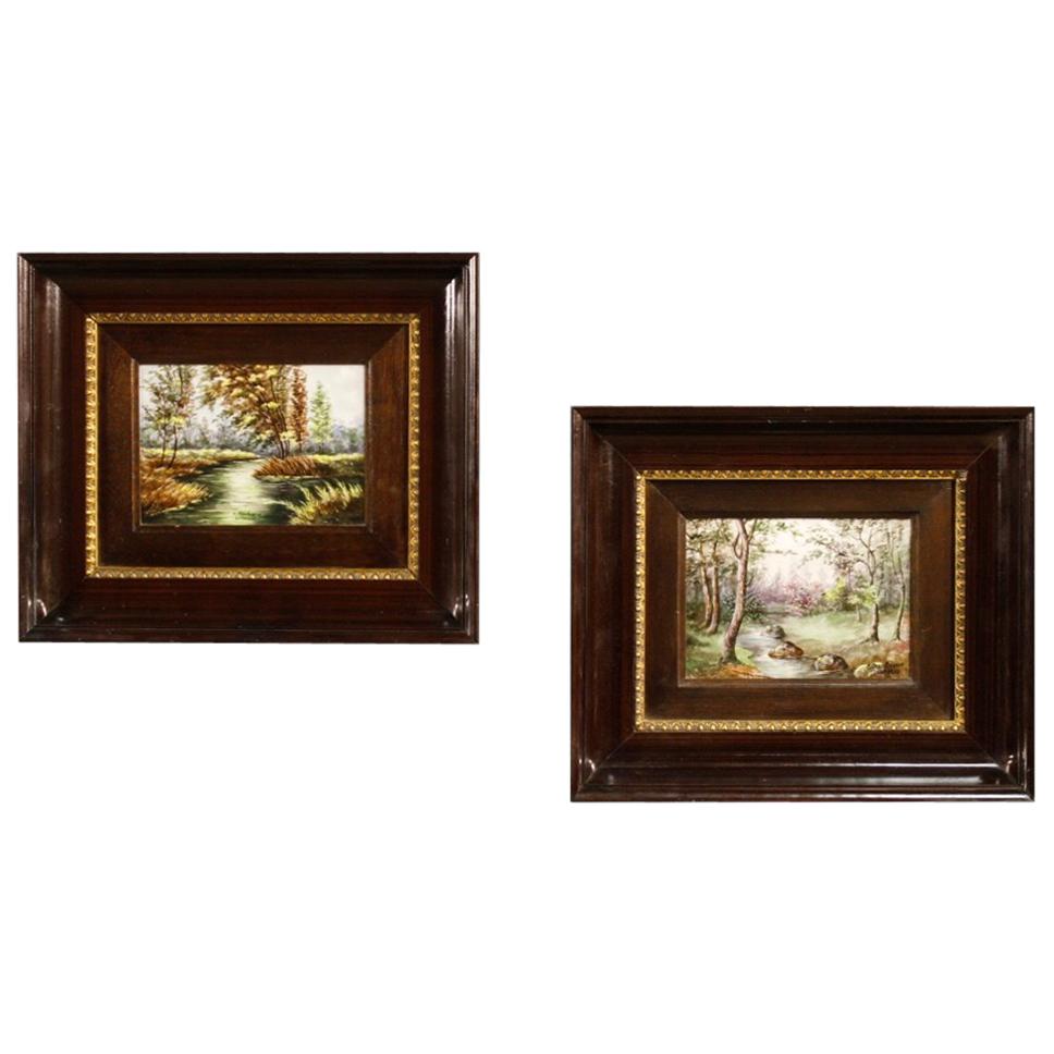 Pair of French Signed Landscape Painting on Limoges Ceramic from 20th Century
