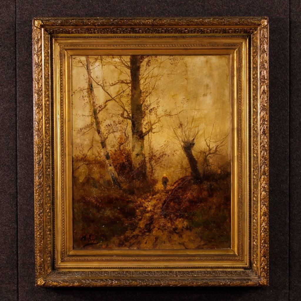 Pair of French paintings of the second half of the 19th century. Oil paintings on canvas depicting landscapes of great charm. Signed works with Coeval wooden and plaster frames finely carved and gilded, in good condition. Paintings overall in good