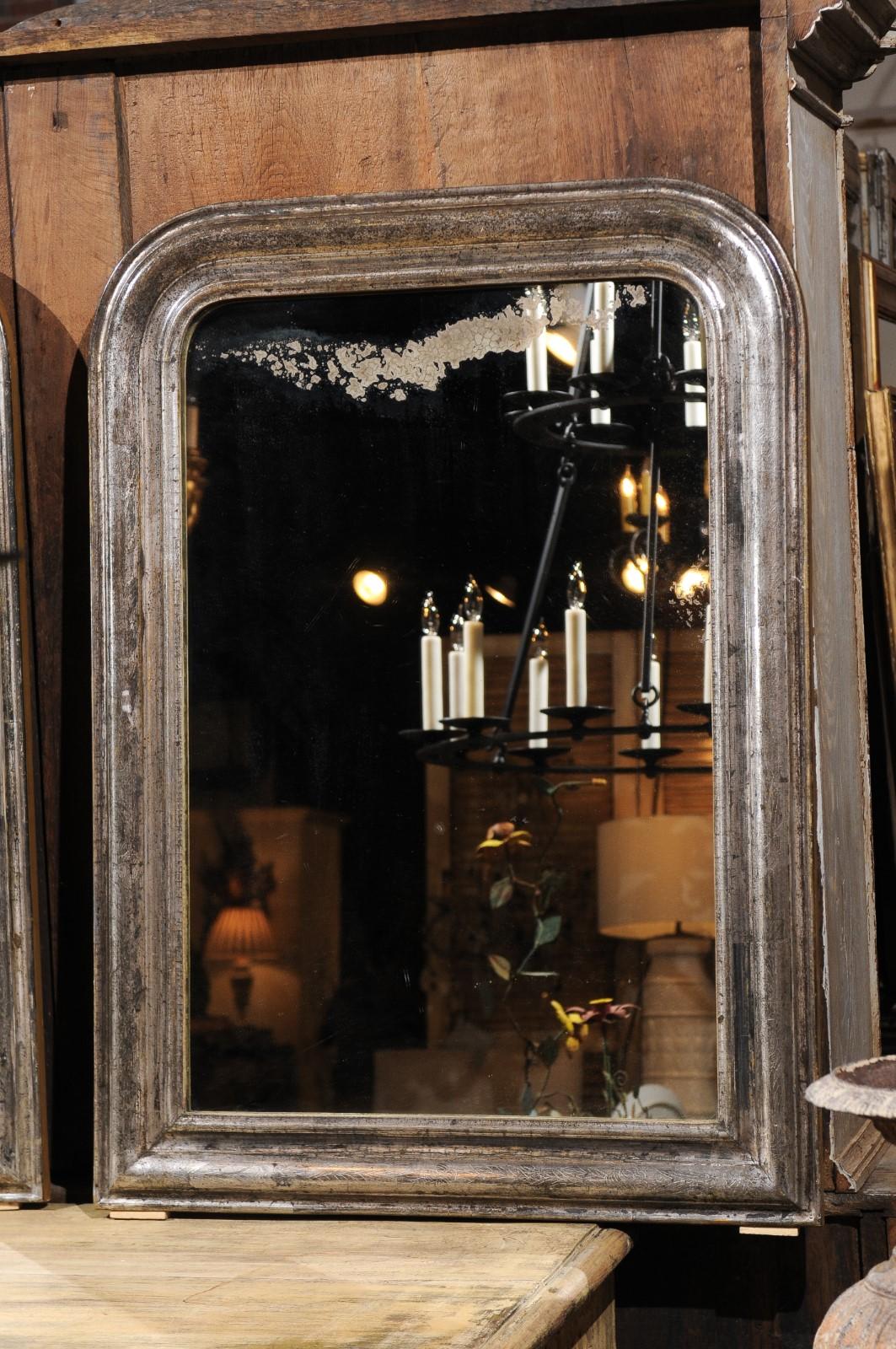Pair of French Silver Gilt Louis-Philippe 19th Century Mirrors with Aged Patina In Good Condition In Atlanta, GA