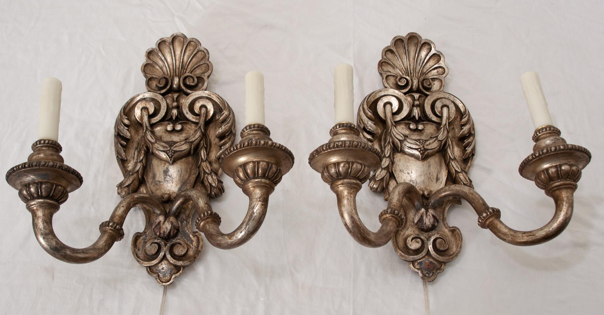 Baroque Pair of French Silver Gilt Wall Sconces For Sale