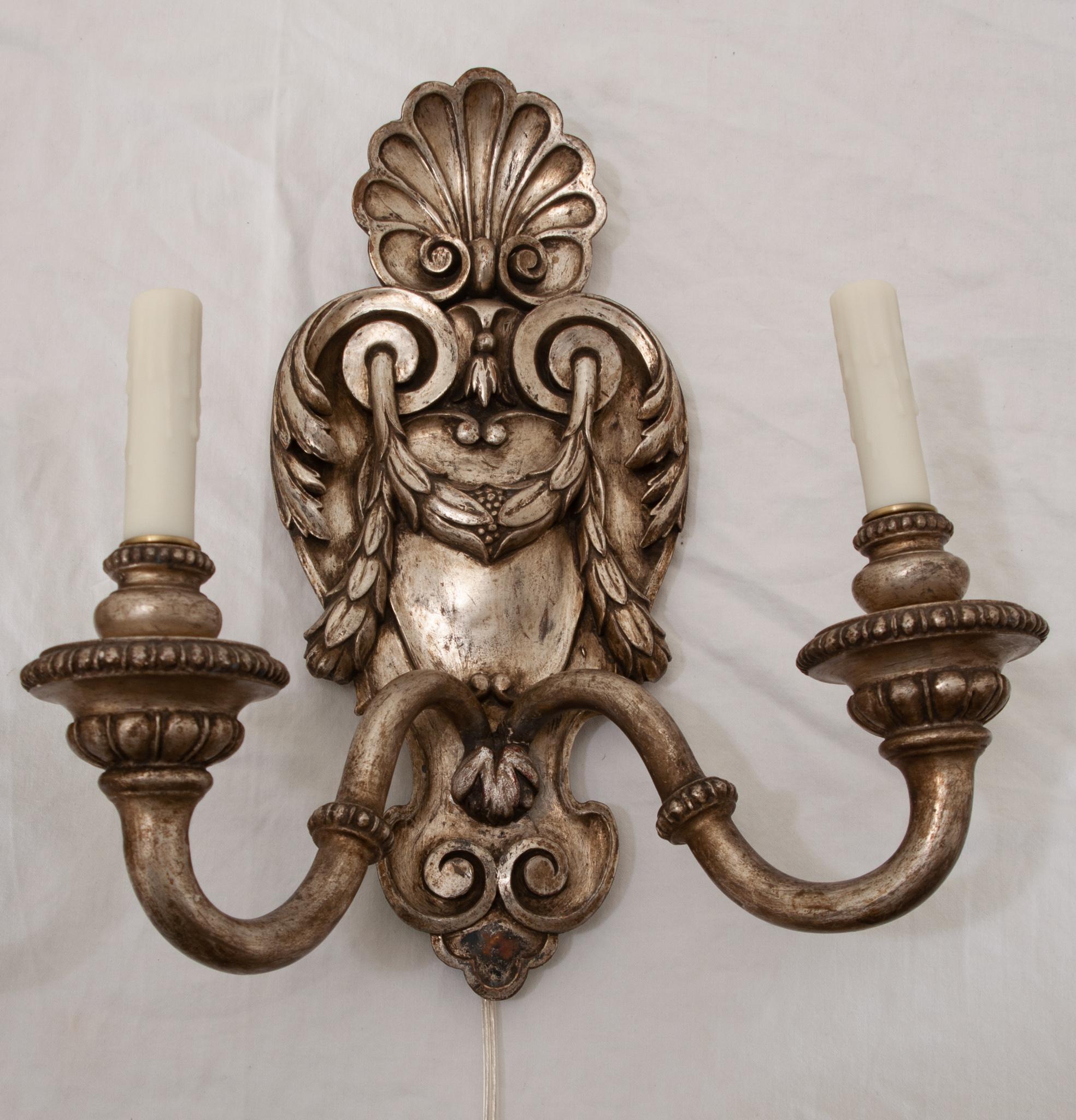 Hand-Crafted Pair of French Silver Gilt Wall Sconces For Sale