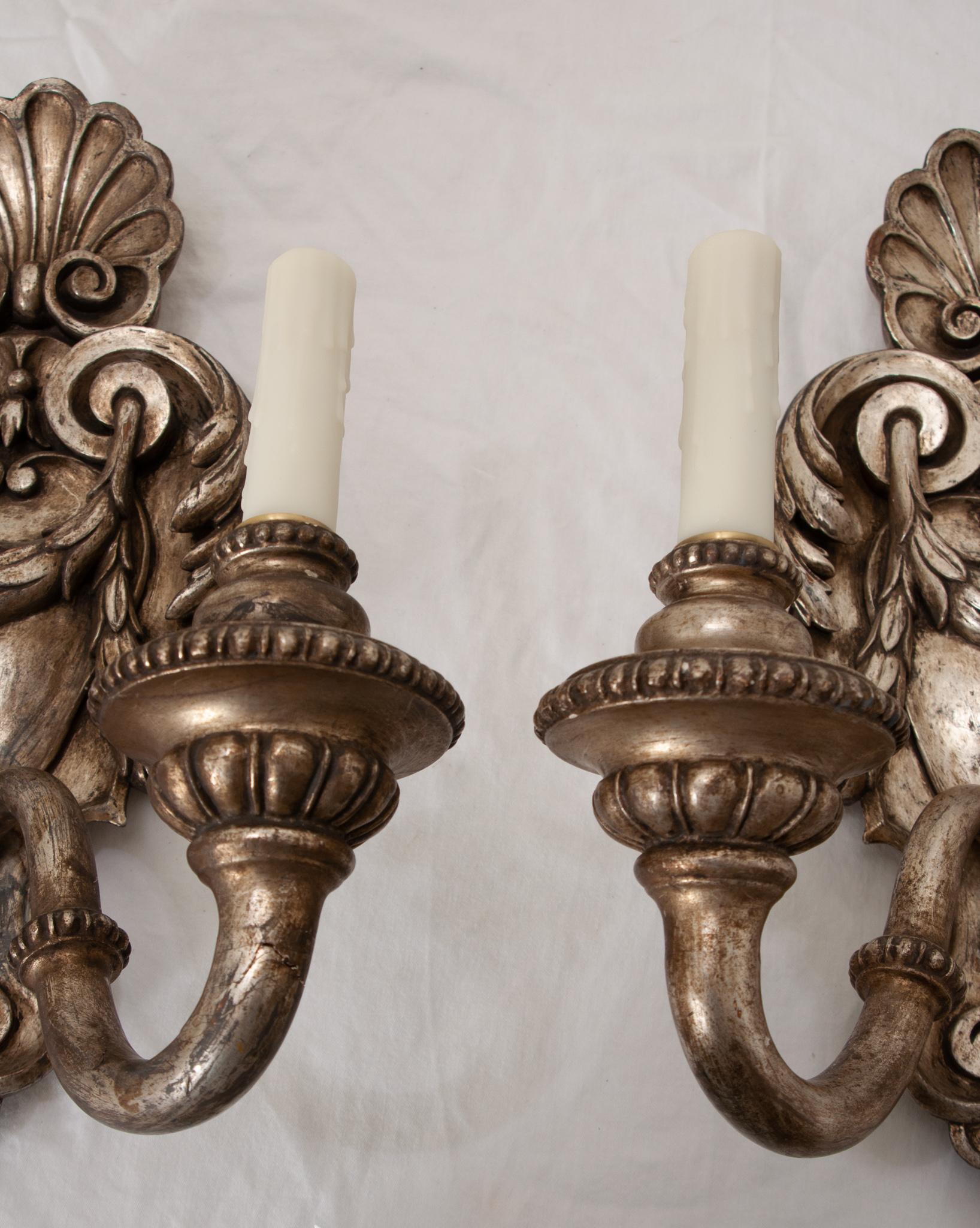 Wood Pair of French Silver Gilt Wall Sconces For Sale