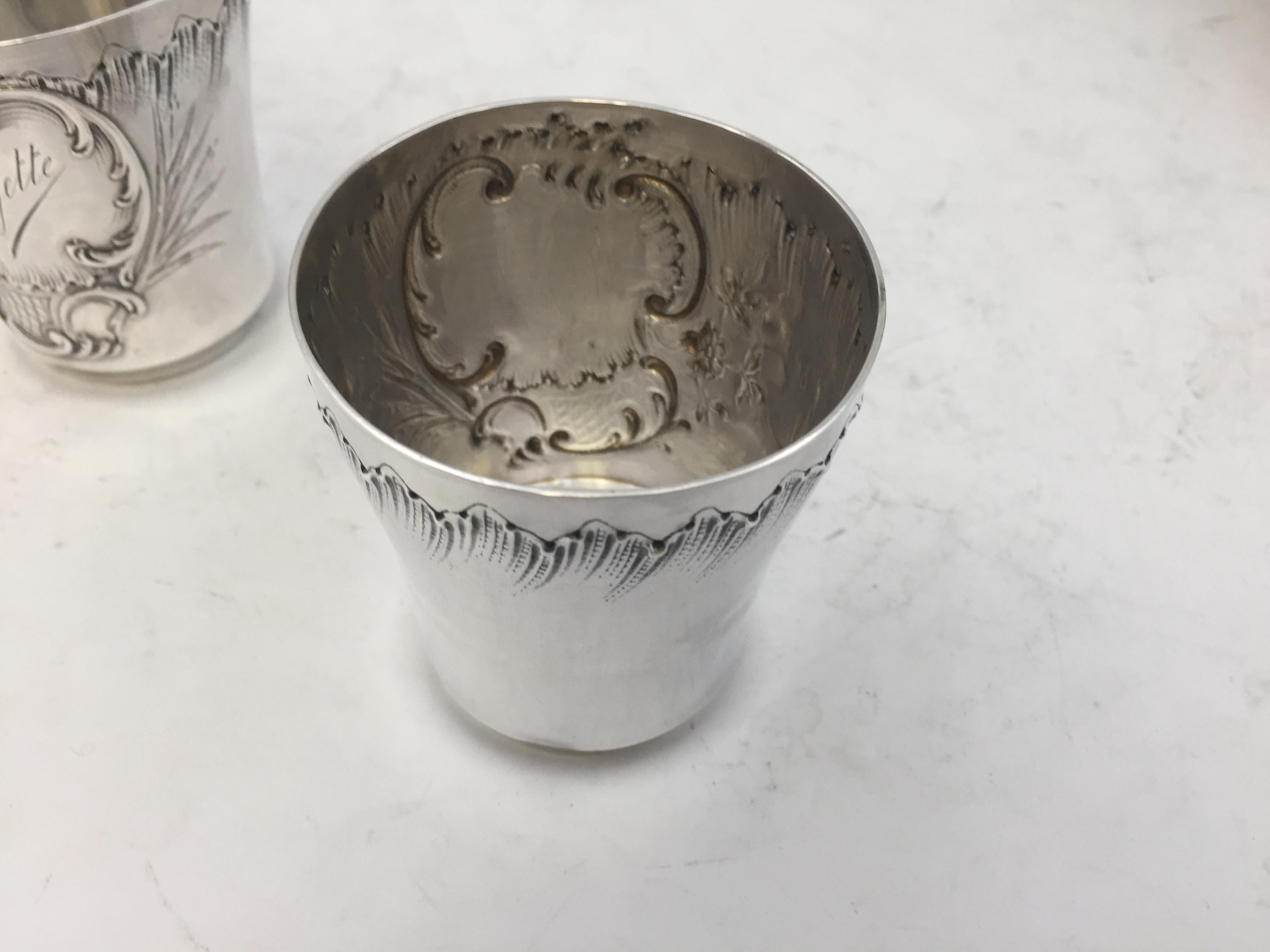 Engraved Pair of French Silver Kiddush Cups
