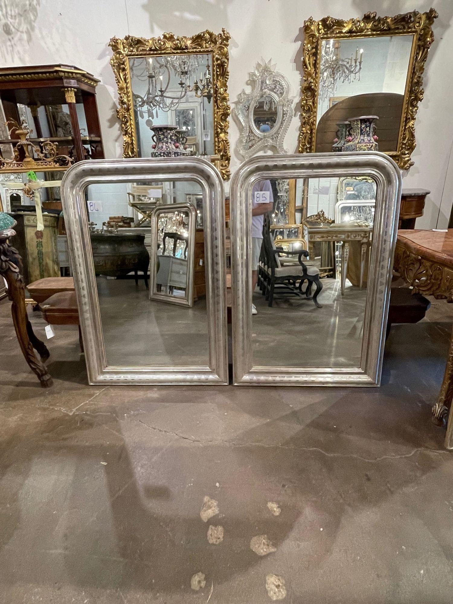 Pair of French Silver Leaf Louis Philippe Mirrors with Geometric Pattern 5