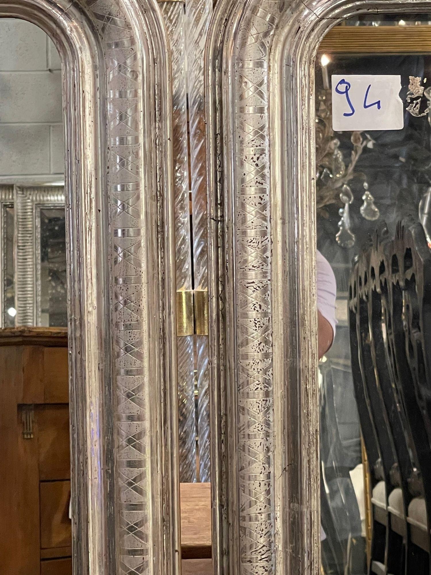 Pair of French Silver Leaf Louis Philippe Mirrors with X Pattern In Good Condition For Sale In Dallas, TX