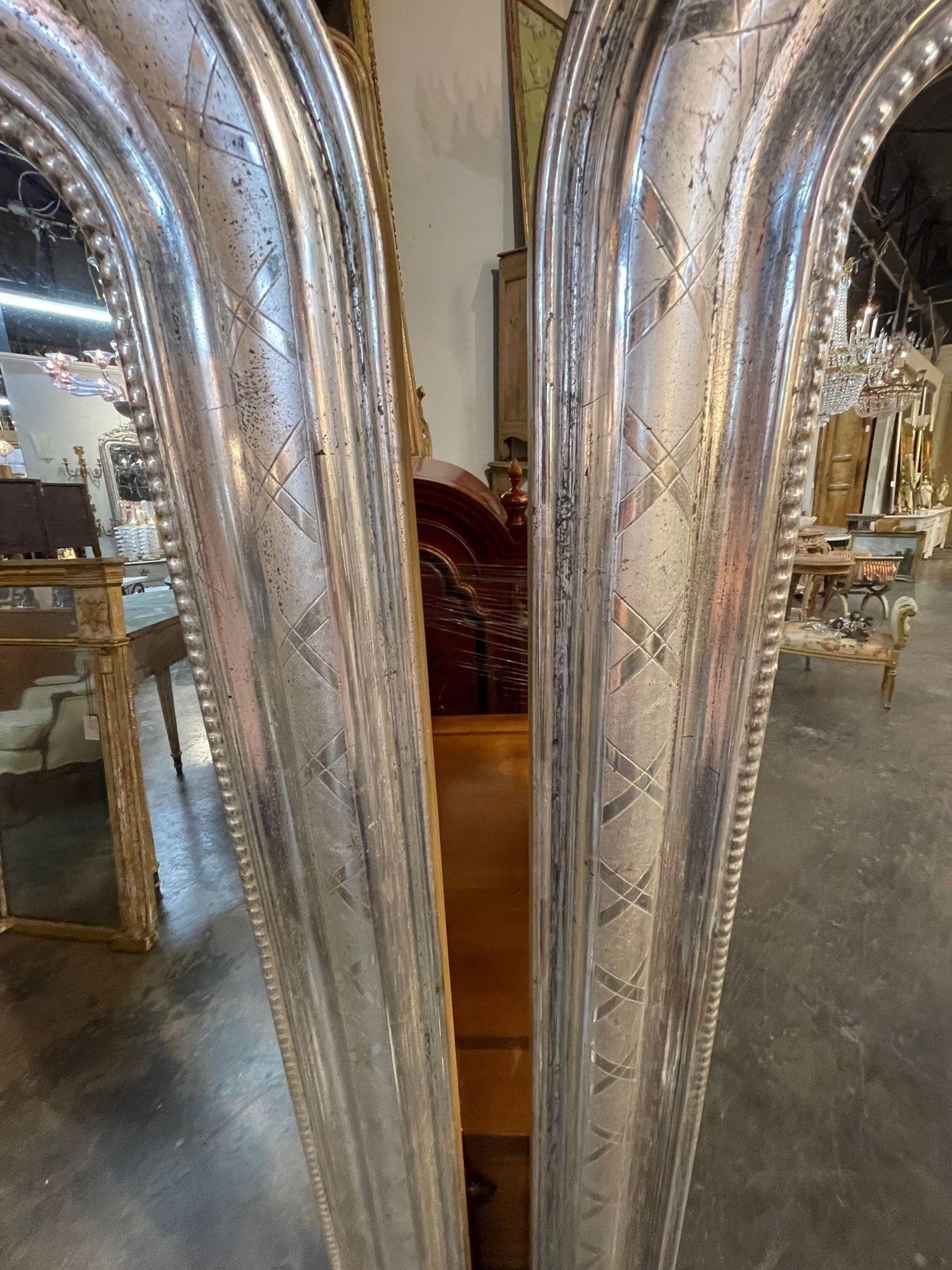 Pair of French Silver Leaf Louis Philippe Mirrors with X Pattern In Good Condition For Sale In Dallas, TX