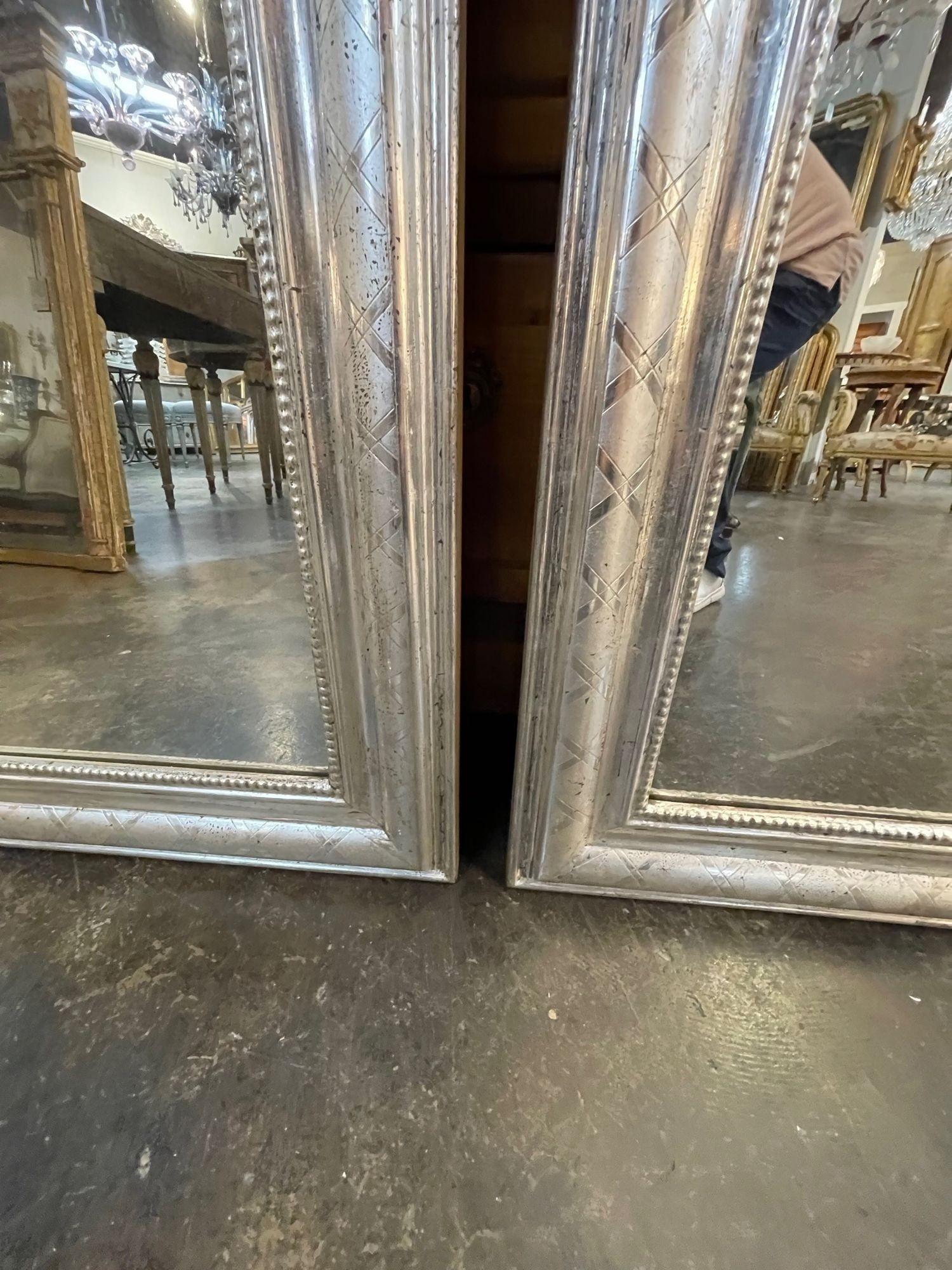 Pair of French Silver Leaf Louis Philippe Mirrors with X Pattern For Sale 3