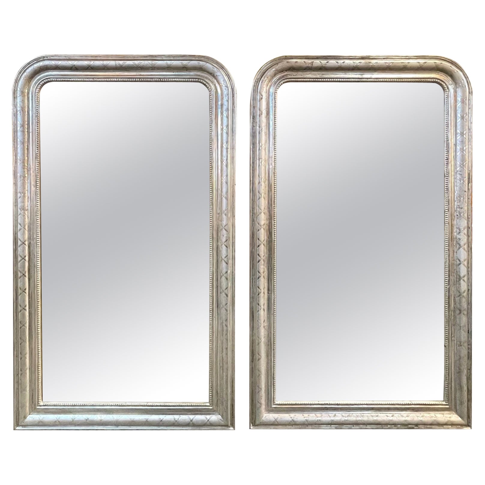 Pair of French Silver Leaf Louis Philippe Mirrors with X Pattern