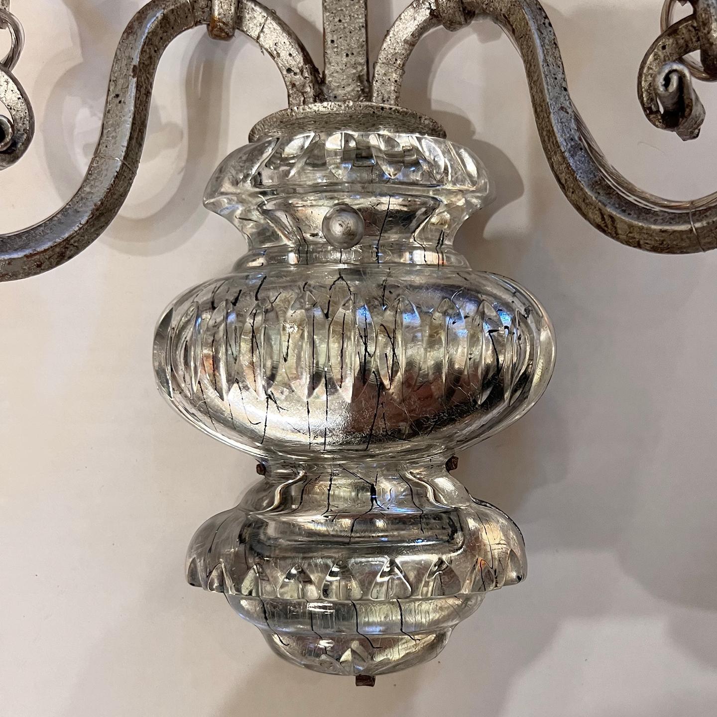 Glass Pair of French Silver Leaf Sconces For Sale