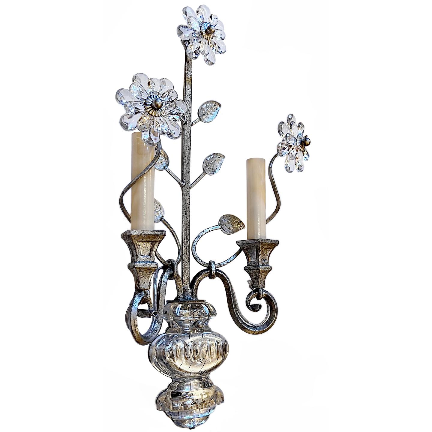Pair of circa 1950's French double light sconces with molded glass leaves and crystal flowers.

Measurements:
Height: 18.25