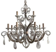 Pair of French Silver Leaf Wrought Iron Chandeliers w/ Rock Crystal–20th Century