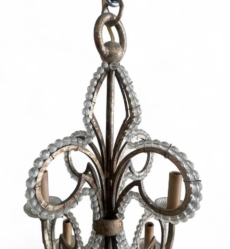 Pair of French Silver Leaf Wrought Iron Chandeliers w/ Rock Crystal–20th Century In Excellent Condition For Sale In Los Angeles, CA