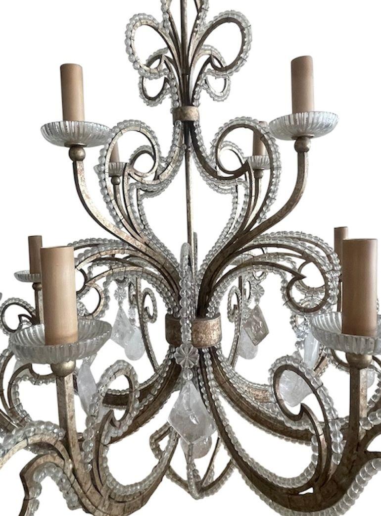 Pair of French Silver Leaf Wrought Iron Chandeliers w/ Rock Crystal–20th Century For Sale 1
