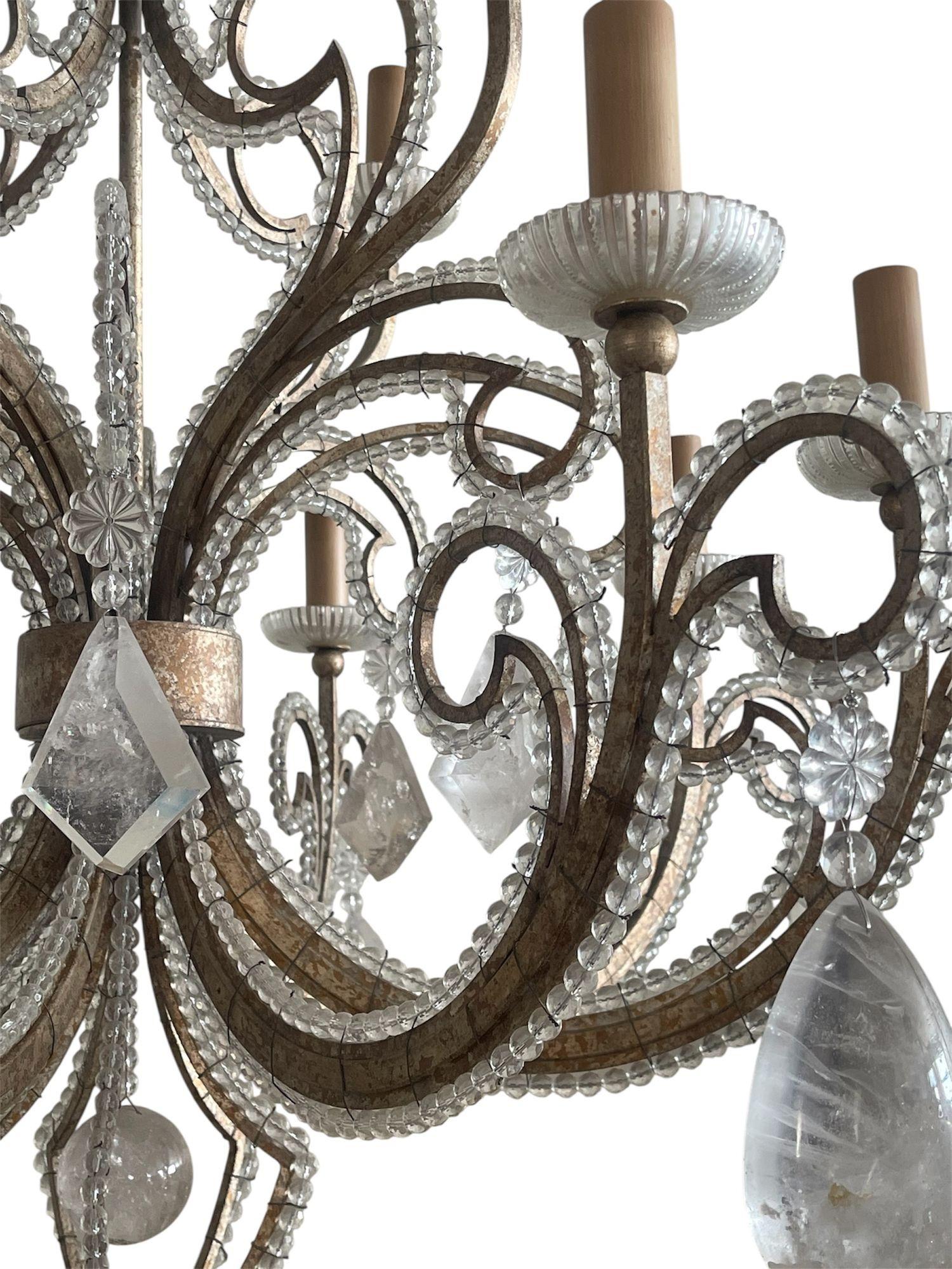 Pair of French Silver Leaf Wrought Iron Chandeliers w/ Rock Crystal–20th Century For Sale 2