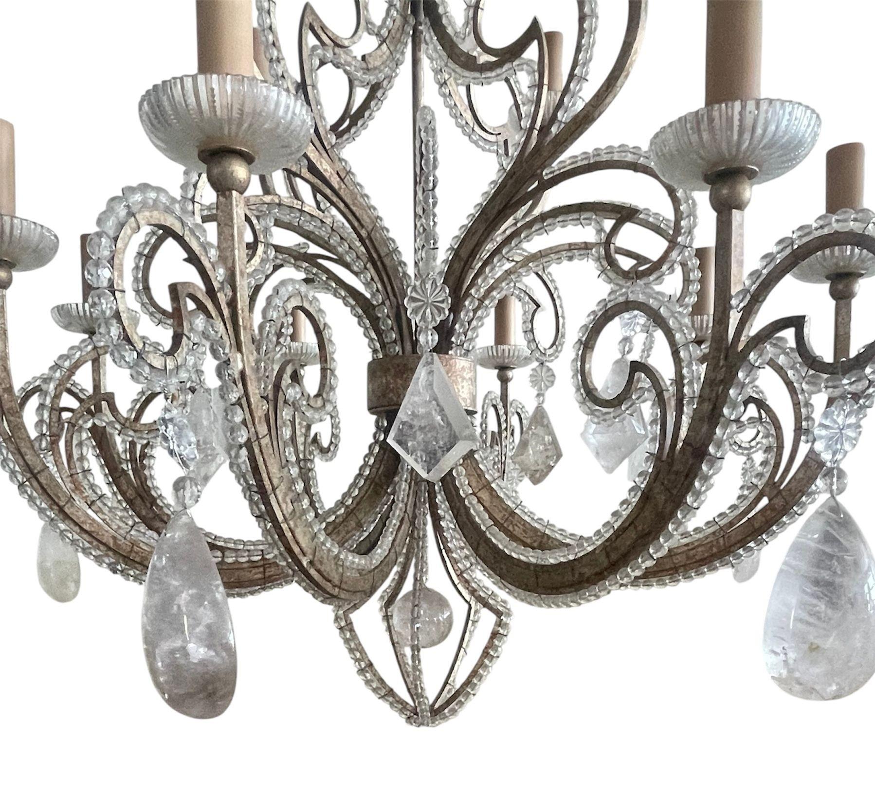 Pair of French Silver Leaf Wrought Iron Chandeliers w/ Rock Crystal–20th Century For Sale 3