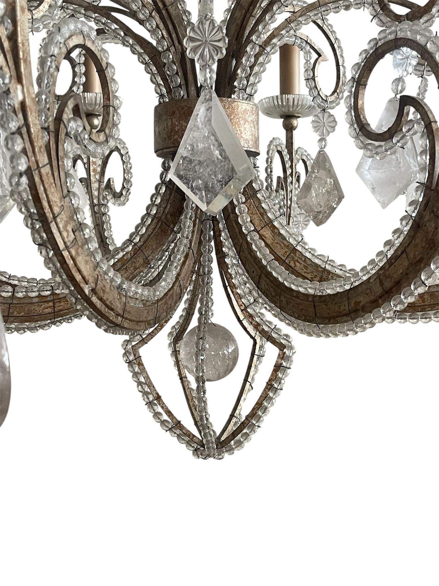 Pair of French Silver Leaf Wrought Iron Chandeliers w/ Rock Crystal–20th Century For Sale 5