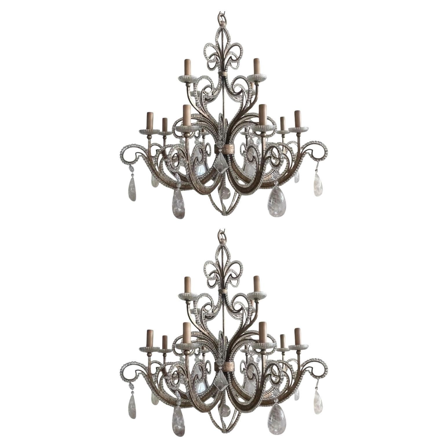Pair of French Silver Leaf Wrought Iron Chandeliers w/ Rock Crystal–20th Century For Sale