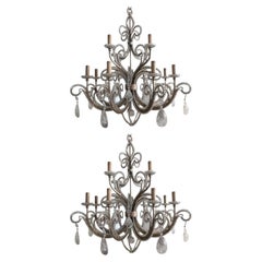 Pair of French Silver Leaf Wrought Iron Chandeliers w/ Rock Crystal–20th Century