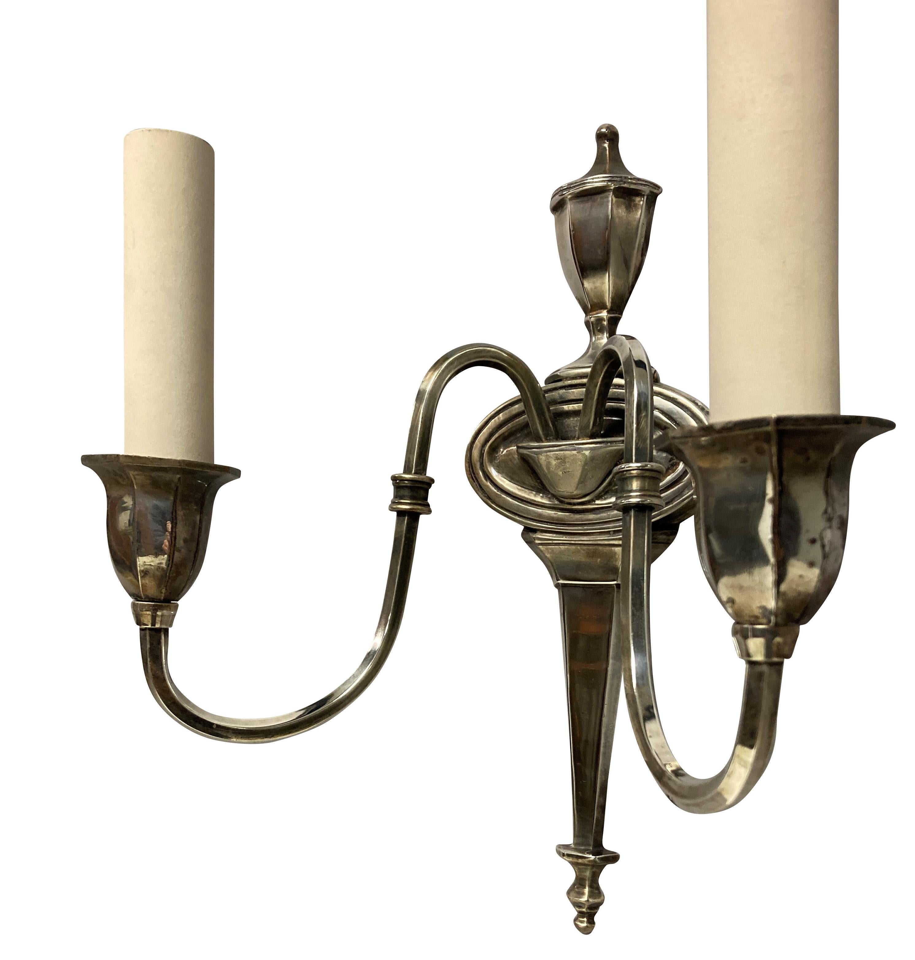 Early 20th Century Pair of French Silver Plated Twin Branch Wall Lights