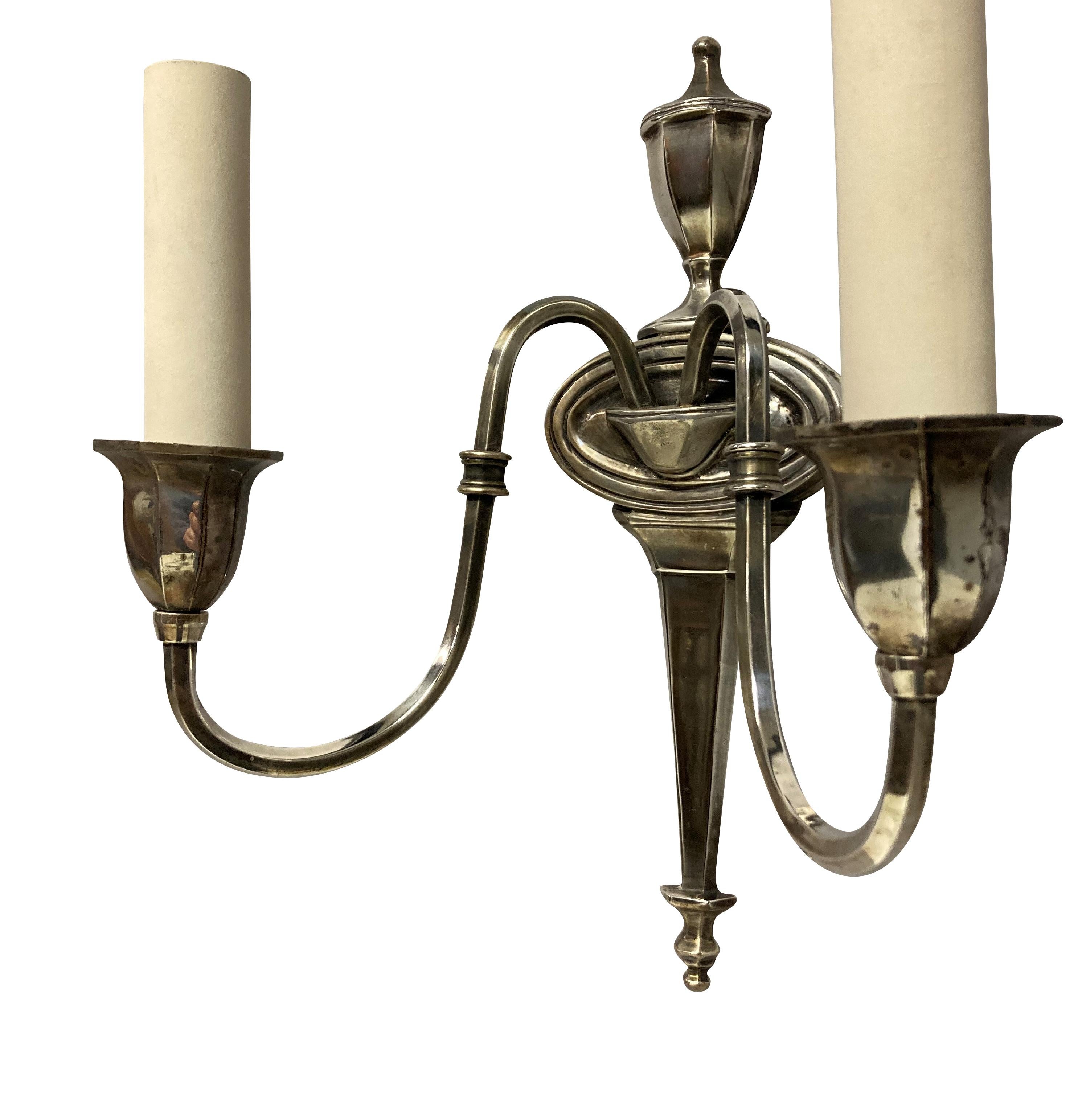Brass Pair of French Silver Plated Twin Branch Wall Lights