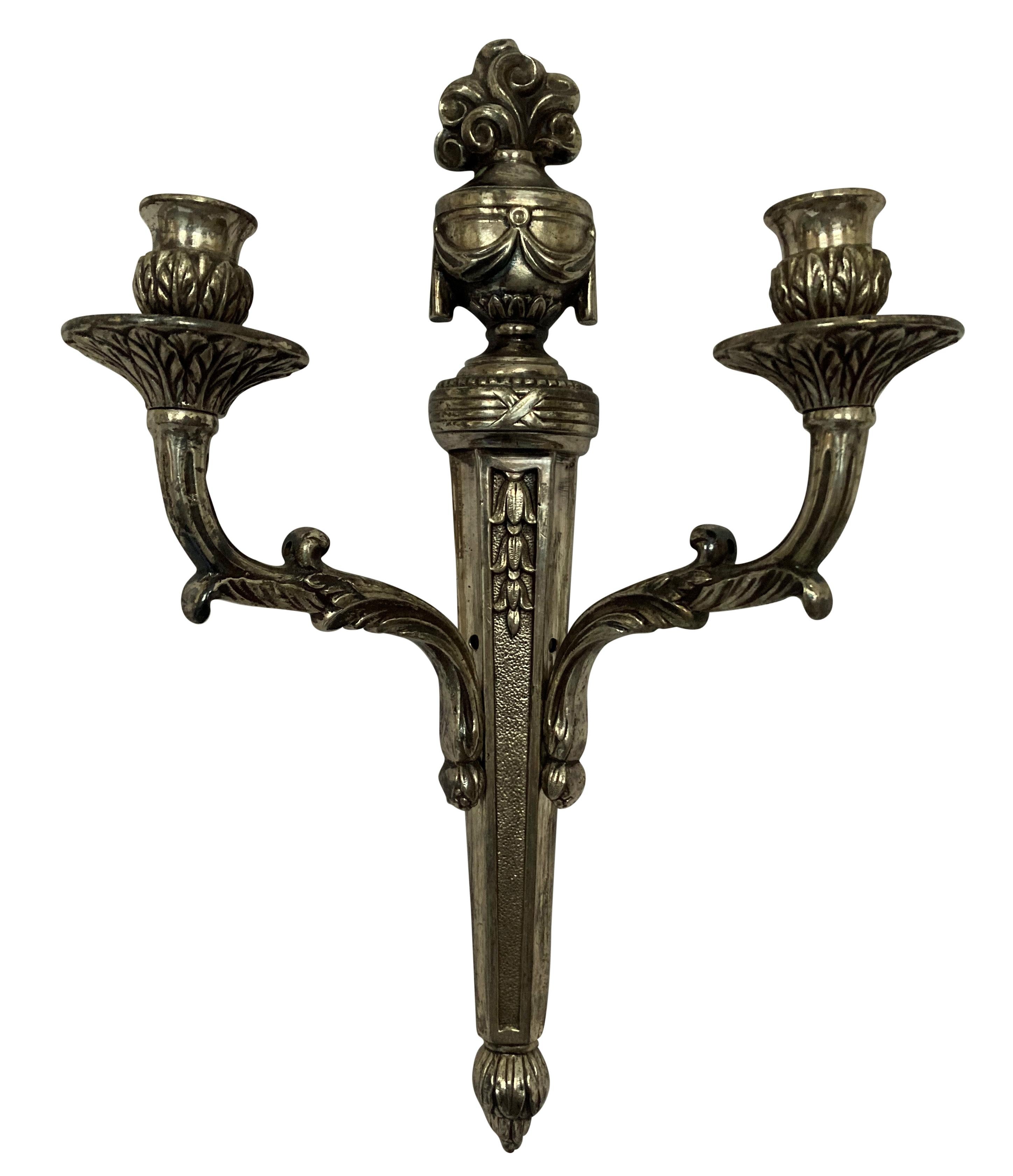 A pair of French twin branch silver plated bronze wall sconces, of good weight and quality.