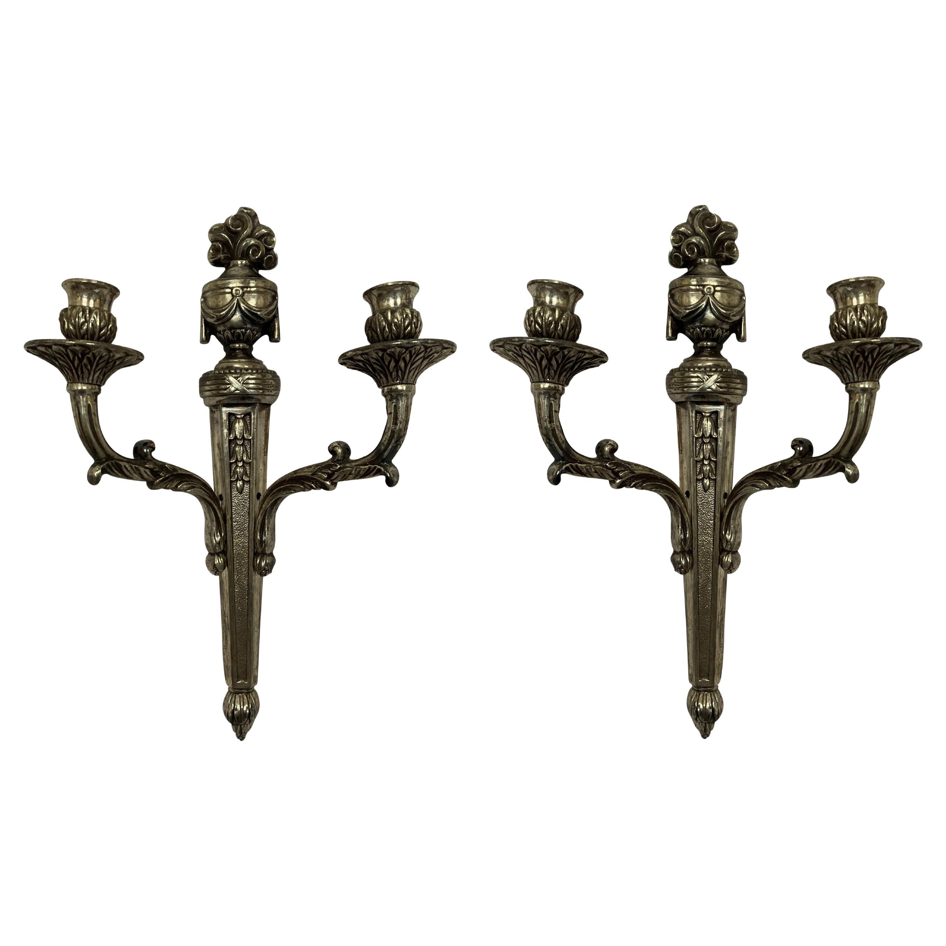 Pair of French Silver Plated Wall Sconces For Sale