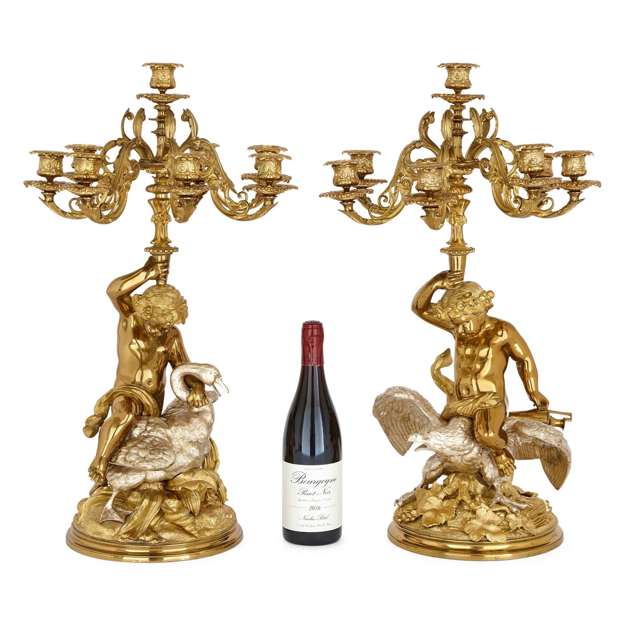 Pair of French Silvered and Gilt Bronze Candelabra  For Sale 5