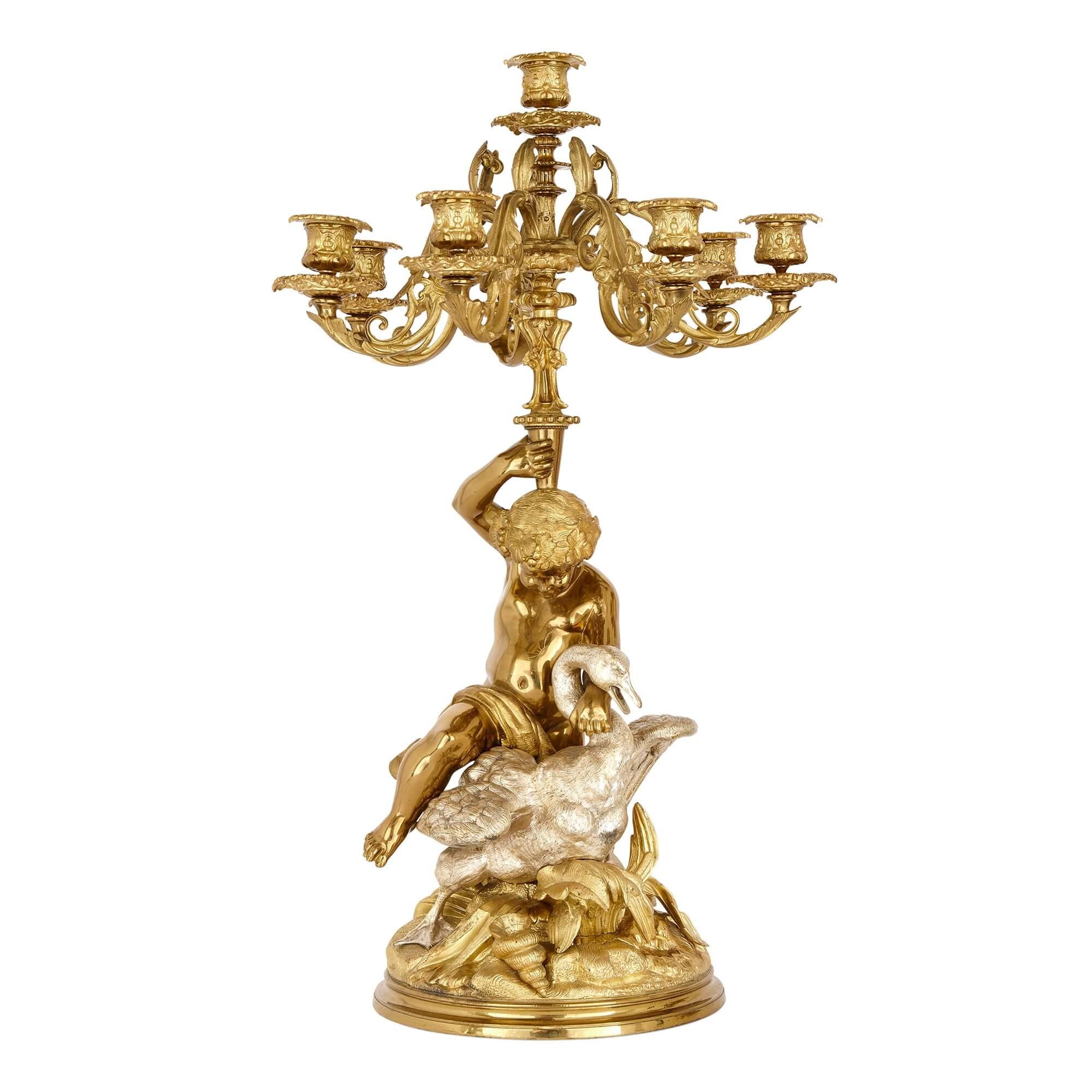Neoclassical Pair of French Silvered and Gilt Bronze Candelabra  For Sale