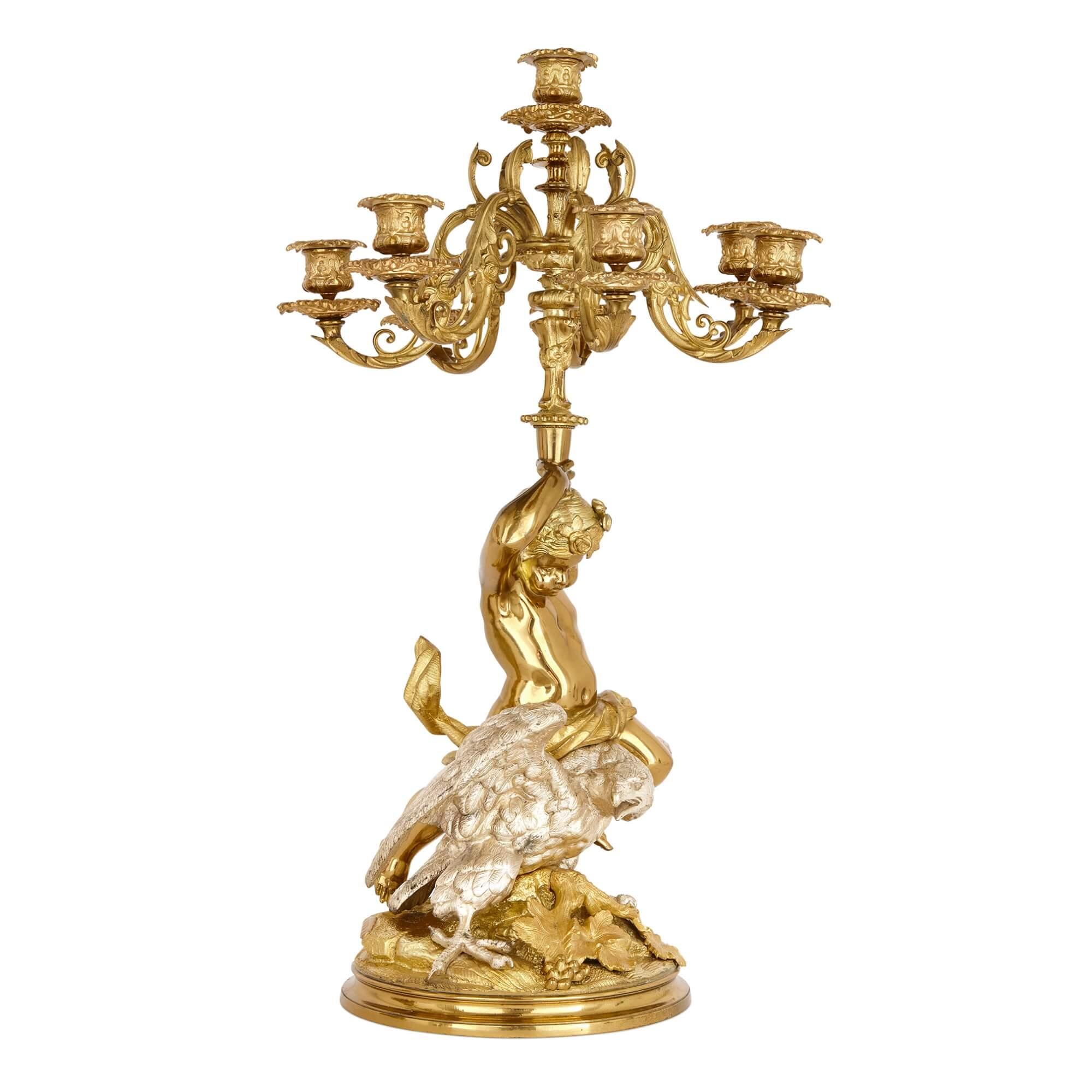 Pair of French Silvered and Gilt Bronze Candelabra  In Good Condition For Sale In London, GB