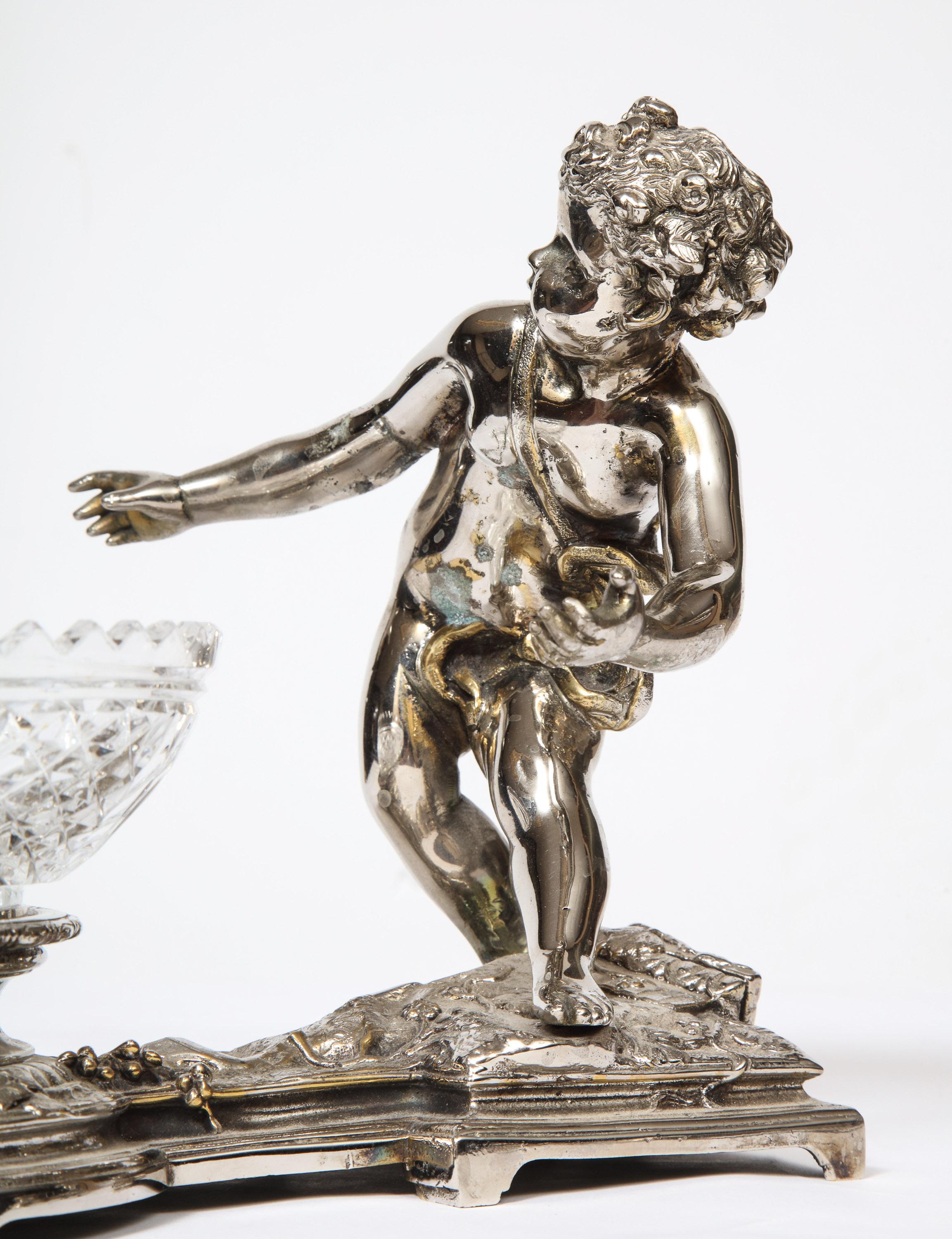 Pair of French Silvered Bronze and Glass Centerpieces with Cherubs 6