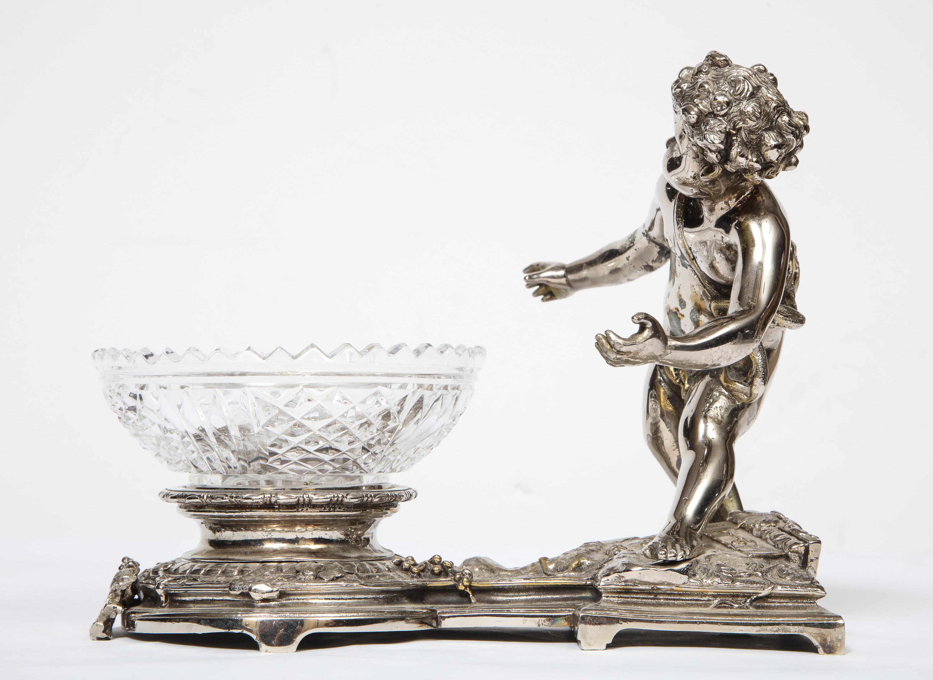 Pair of French Silvered Bronze and Glass Centerpieces with Cherubs 8