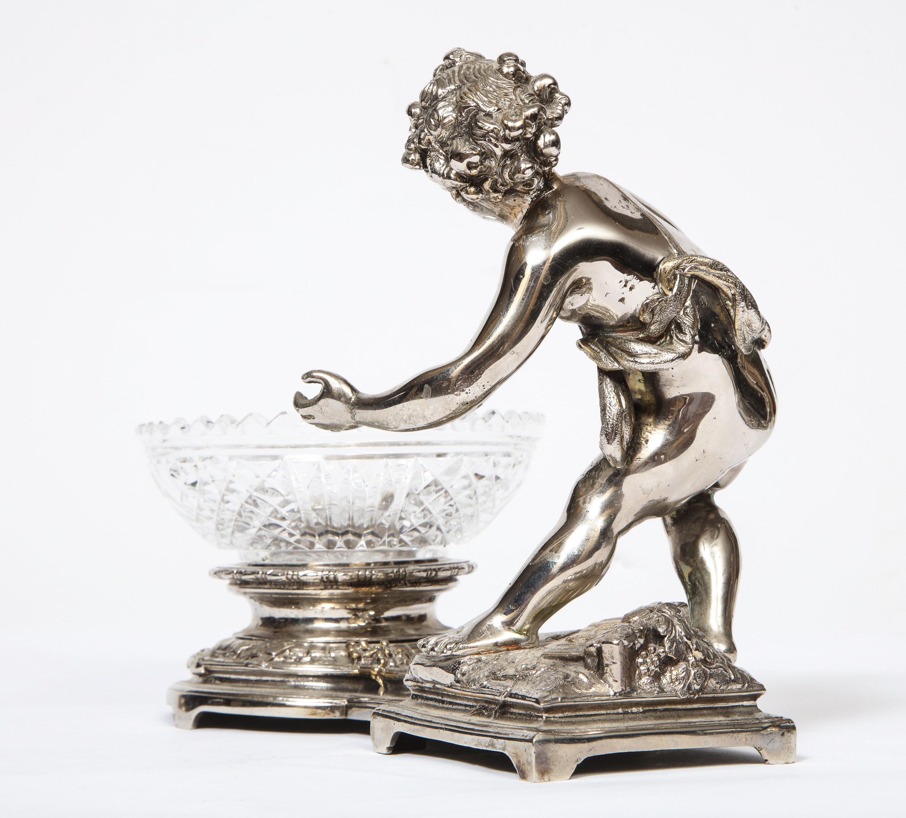 Pair of French Silvered Bronze and Glass Centerpieces with Cherubs 9