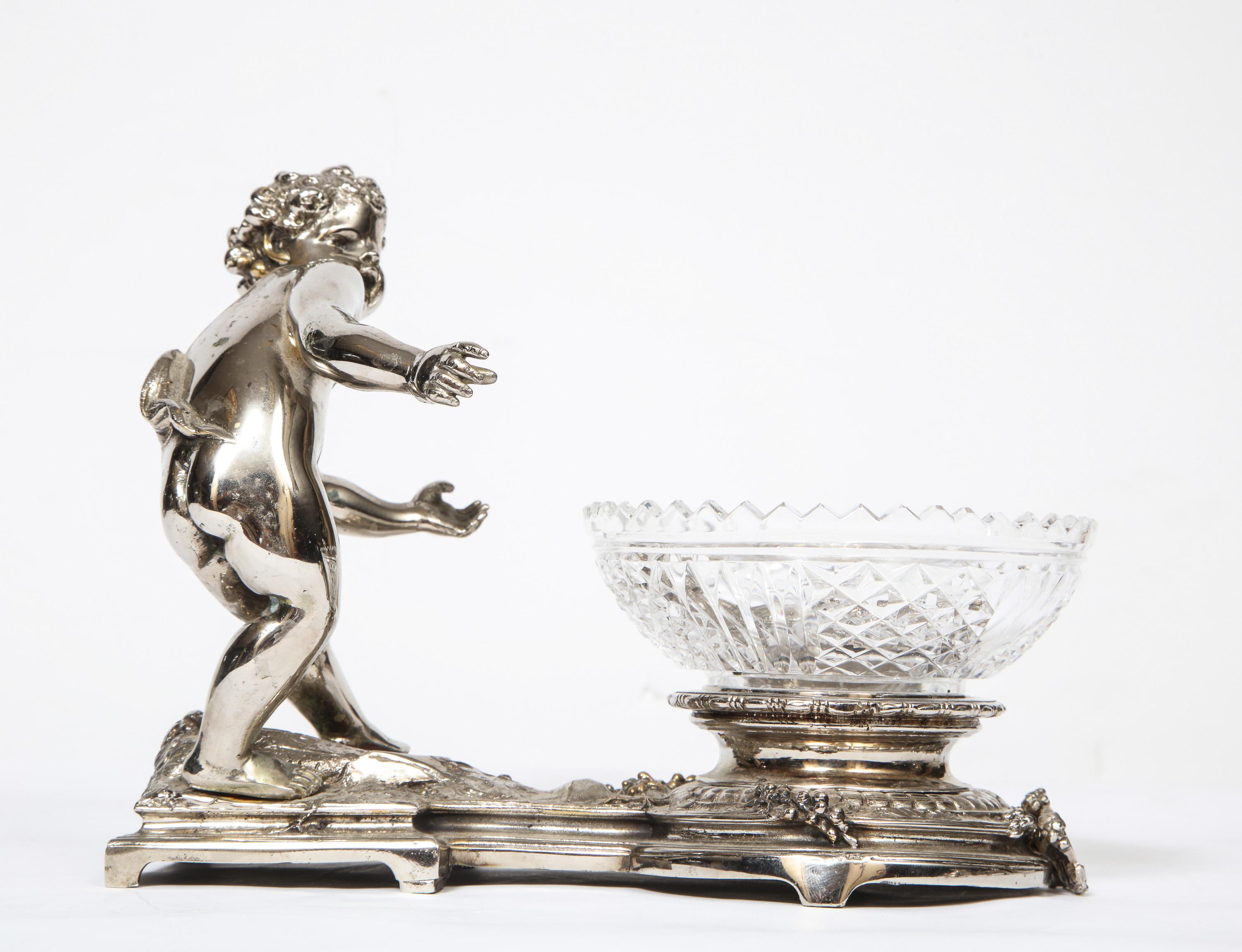 Pair of French Silvered Bronze and Glass Centerpieces with Cherubs 11
