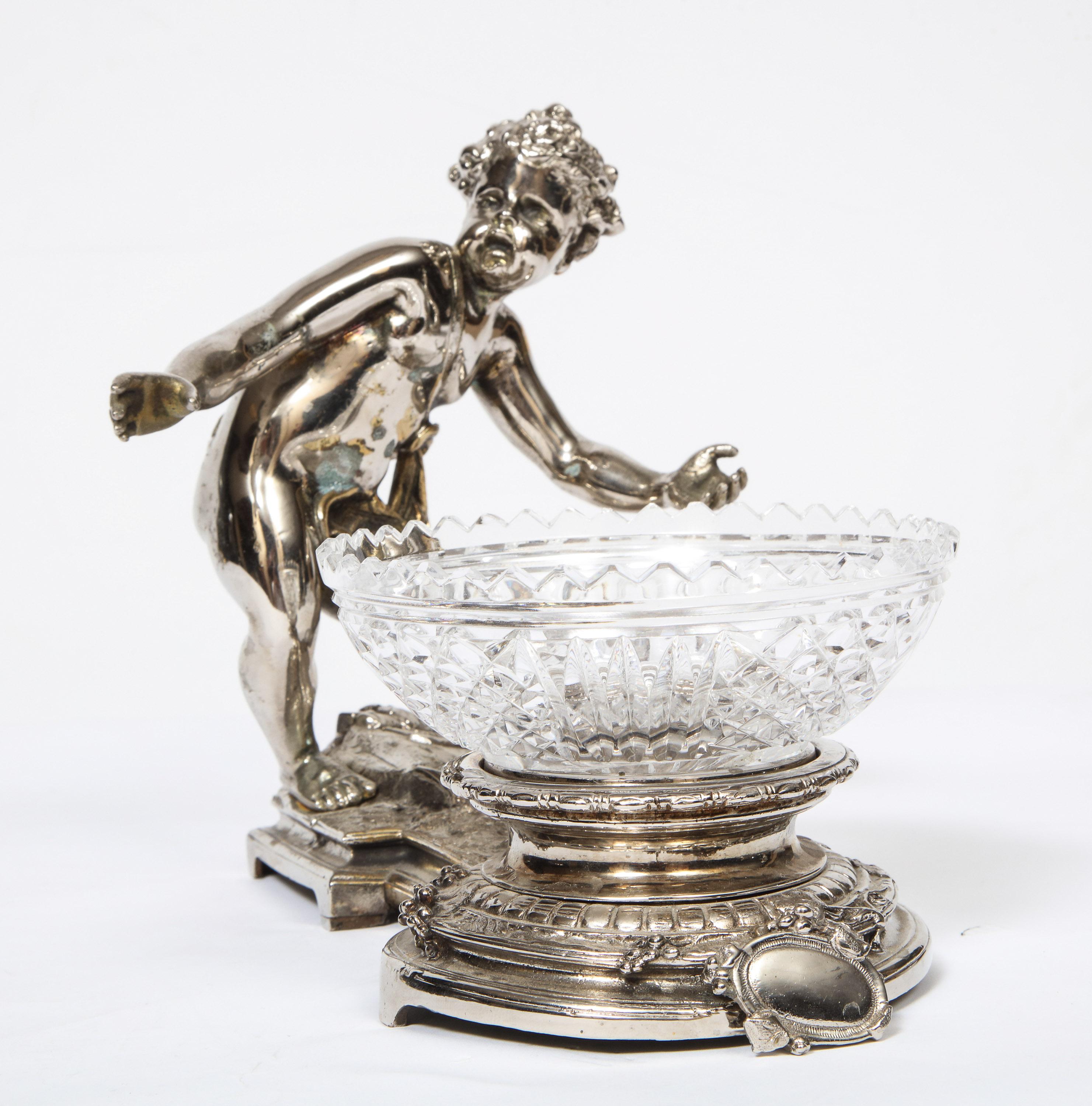 Pair of French Silvered Bronze and Glass Centerpieces with Cherubs 13