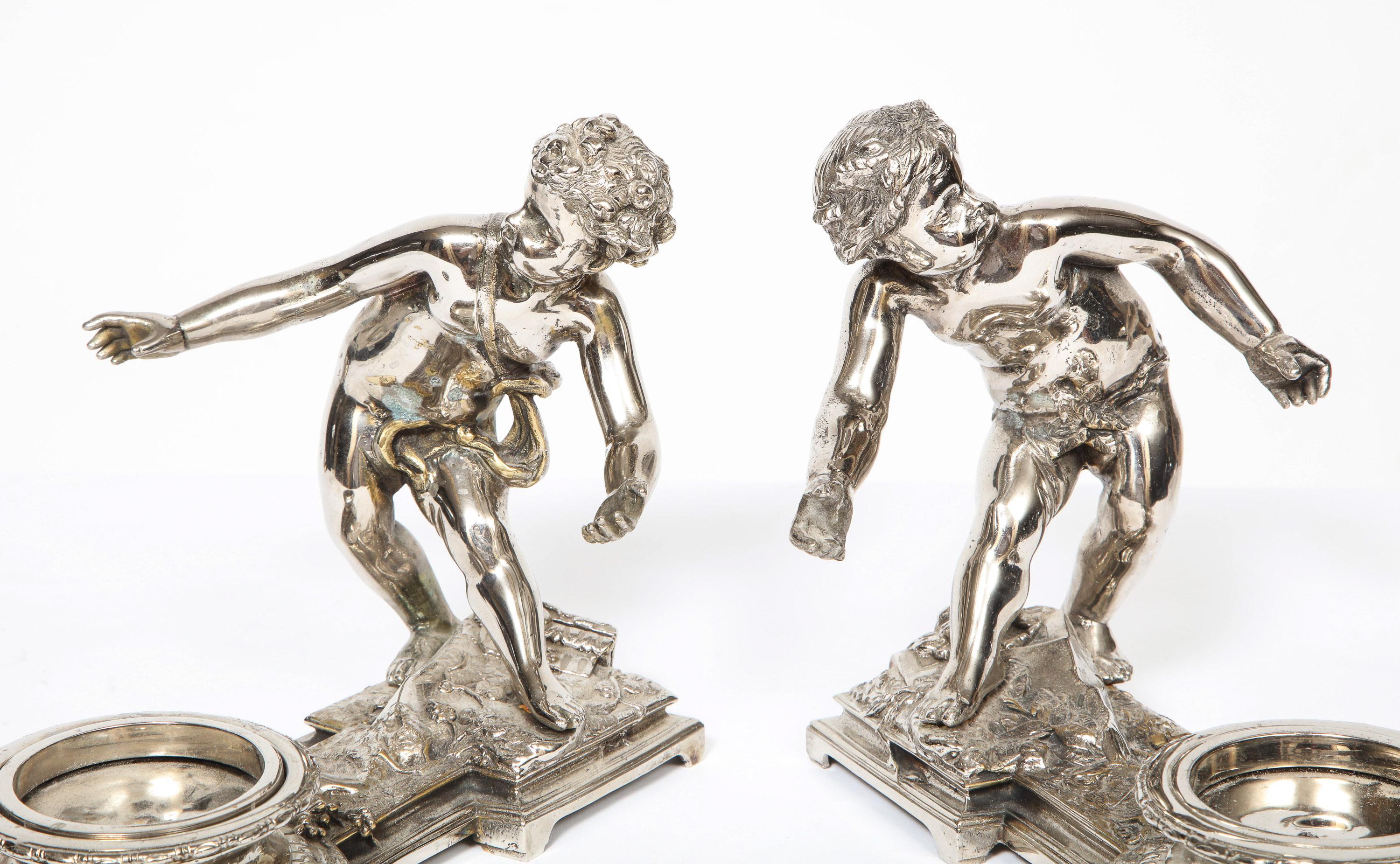 Pair of French Silvered Bronze and Glass Centerpieces with Cherubs 16